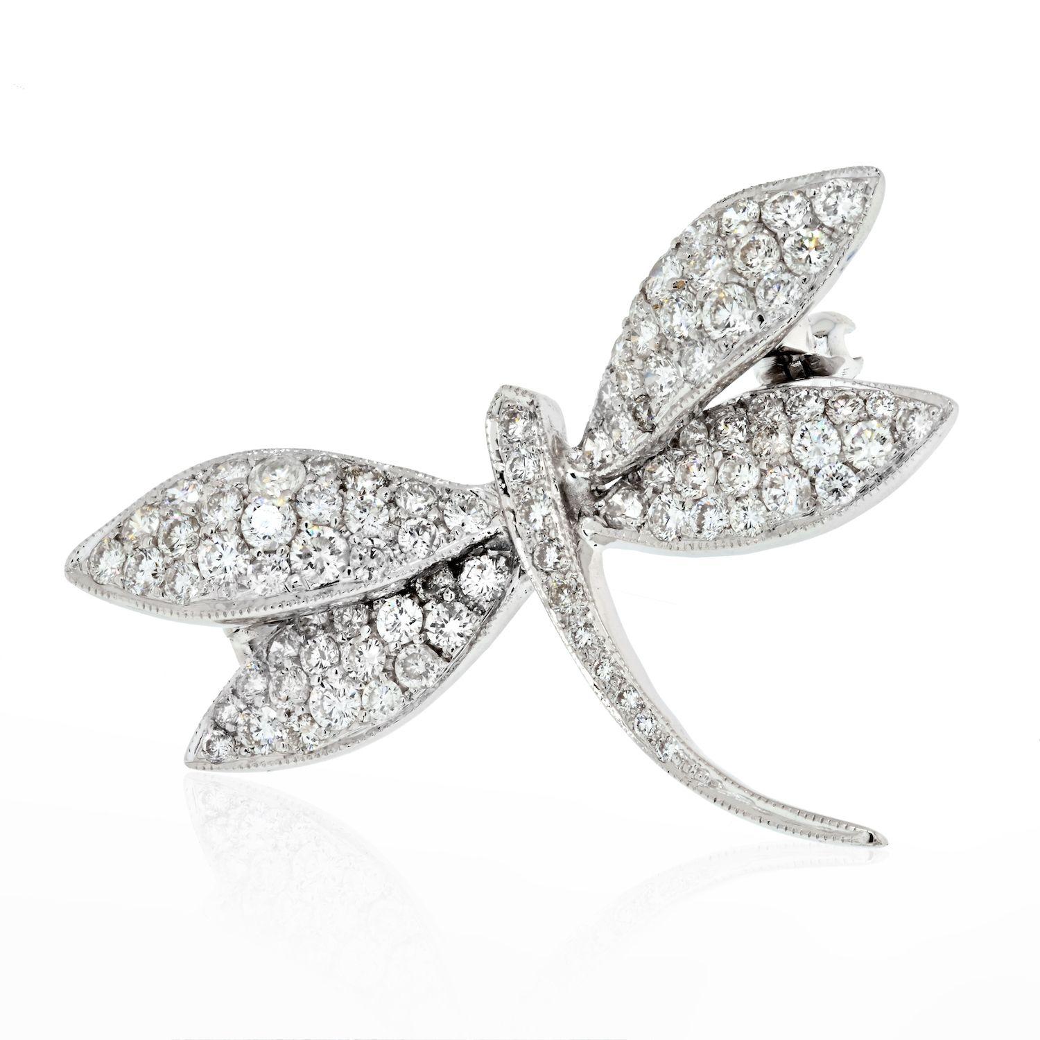 Modern 18K White Gold 2.50cts Diamond Dragonfly Brooch