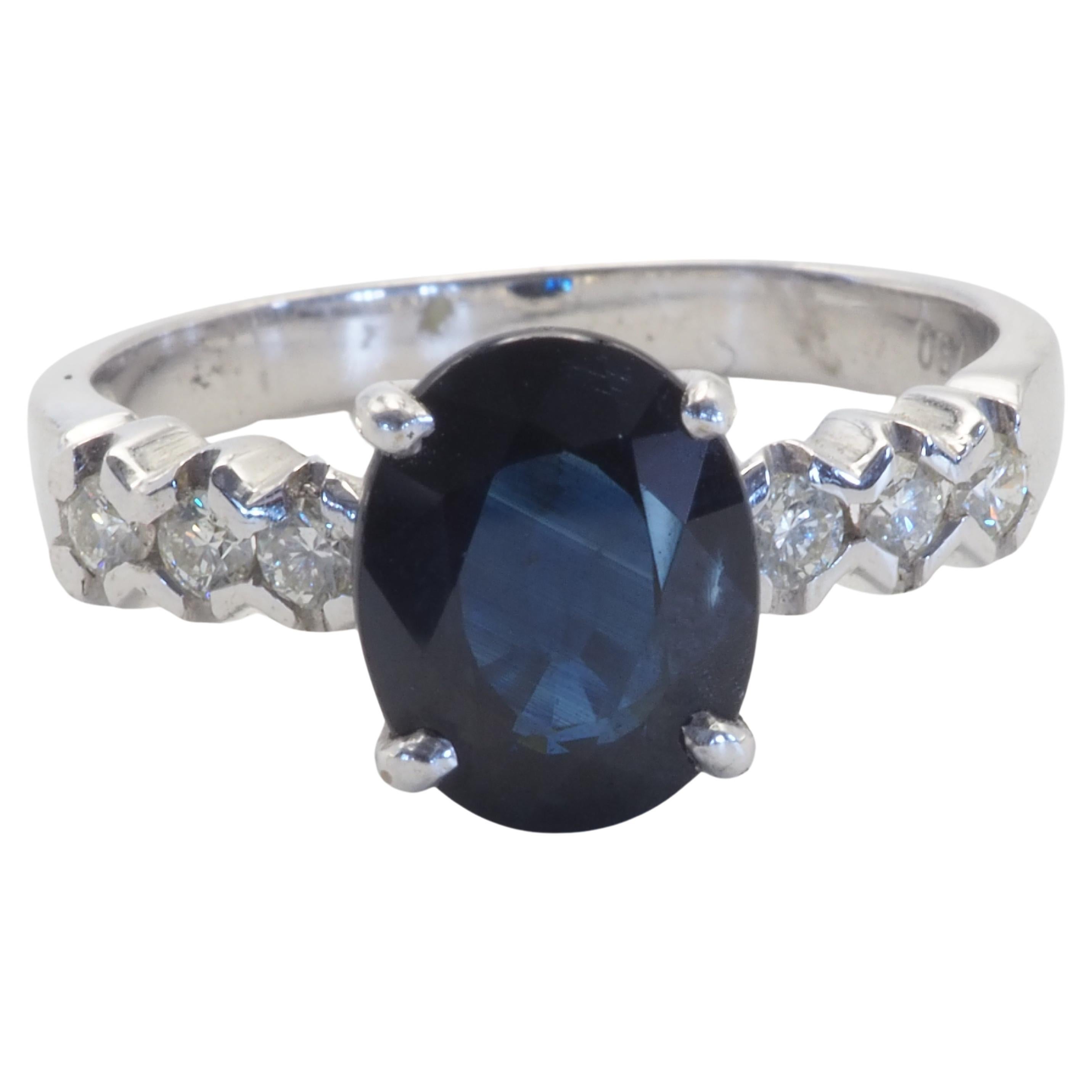18K White Gold 2.57ct Inky Blue Sapphire & 0.21ct Diamond Fine Engagement Ring
