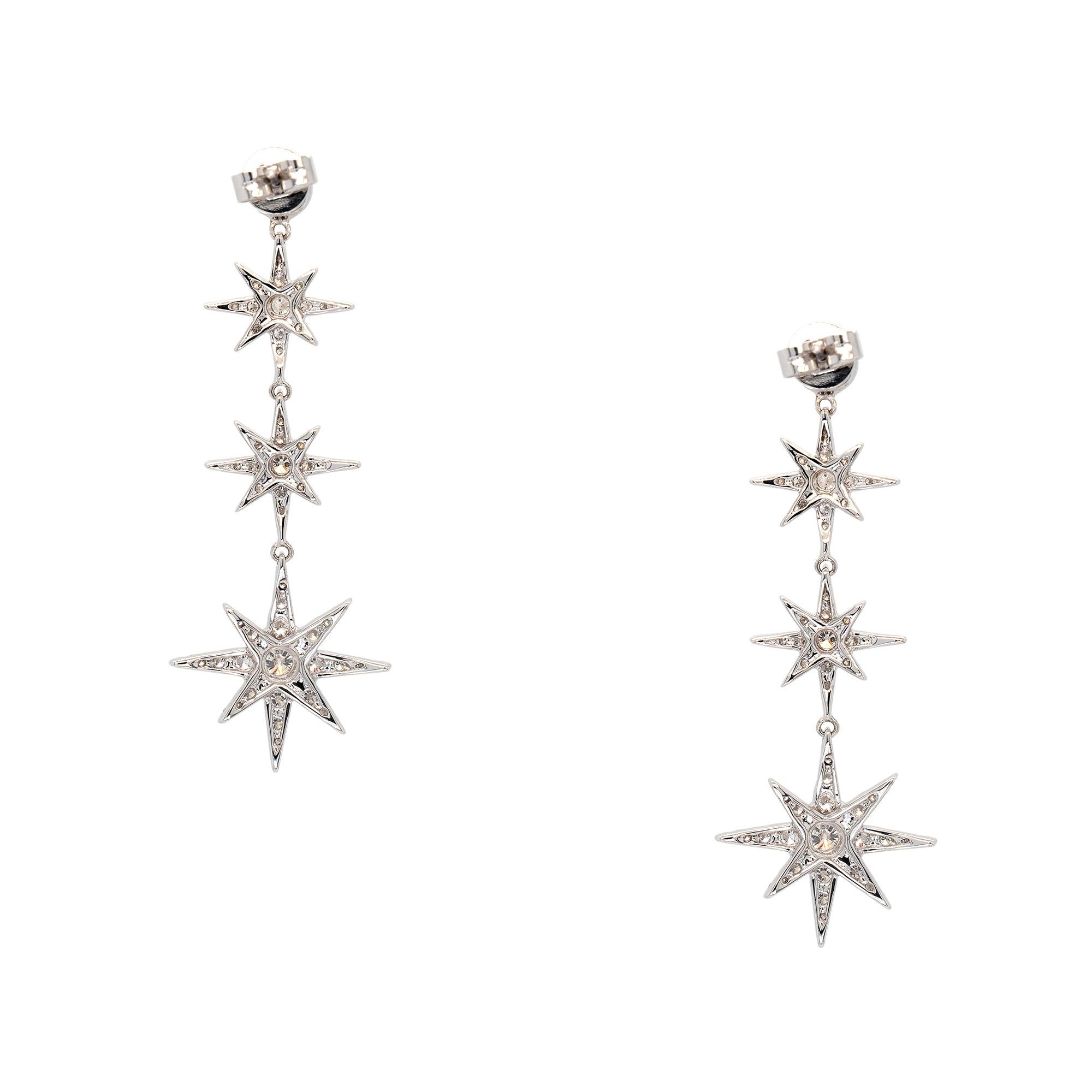 18k White Gold 2.63ct Round Brilliant Natural Diamond Three Stars Dangle Earring In New Condition For Sale In Boca Raton, FL