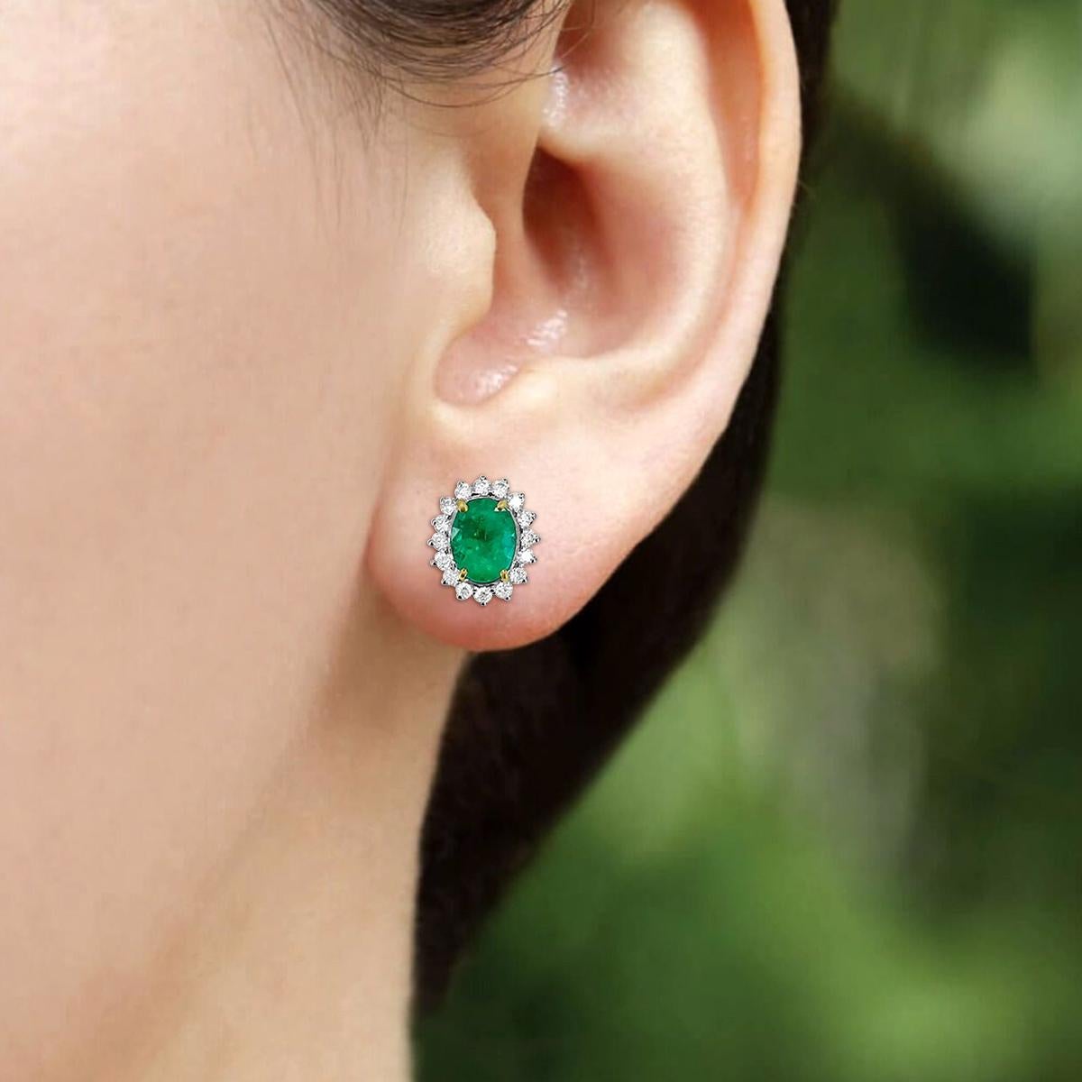 Oval Cut 18K White Gold 2.64cts Emerald and Diamond Earring. Style# TS8128E For Sale