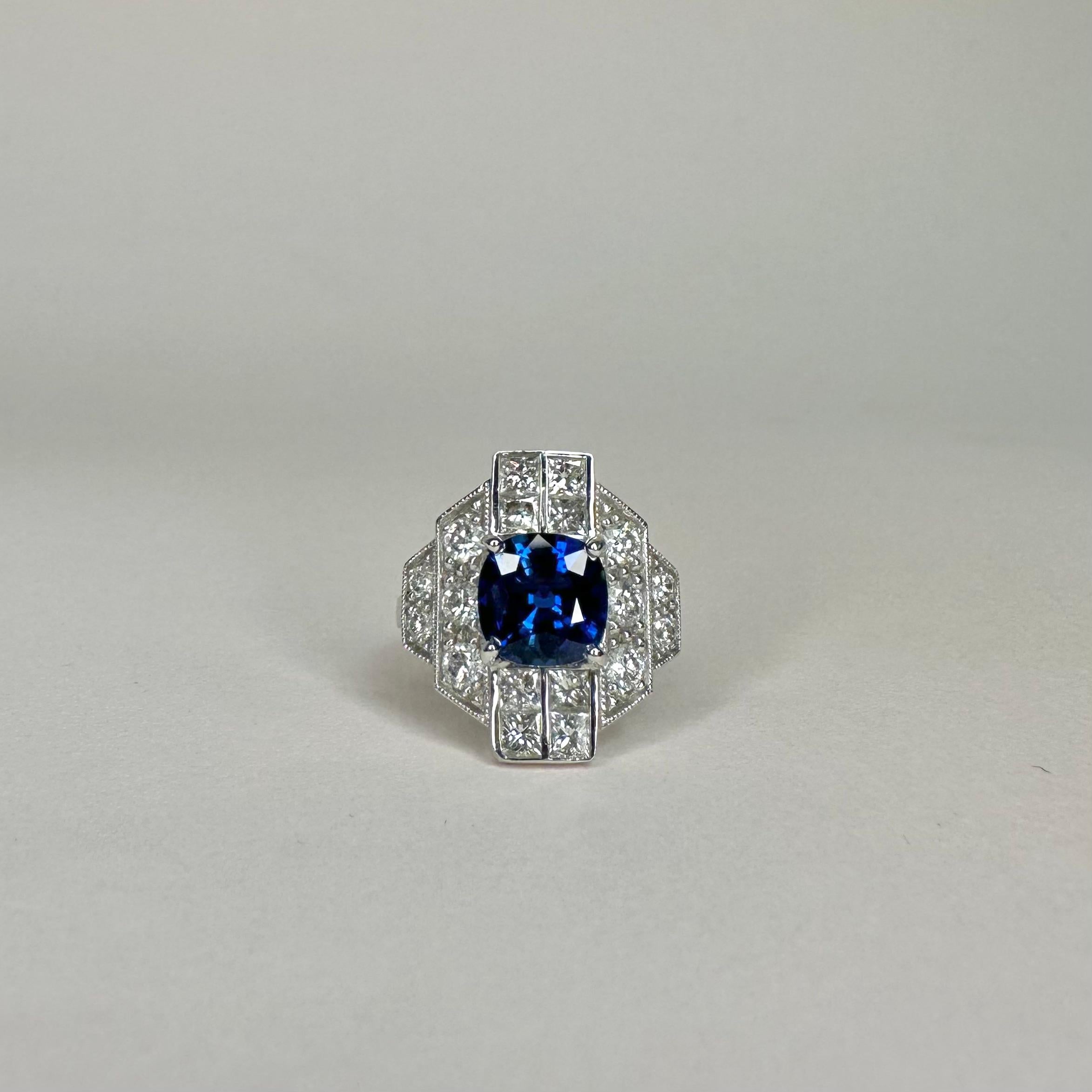 For Sale:  18k White Gold 2.65 Ct Royal Blue Cushion Sapphire Ring Set with 1.69 Ct Diamond 2