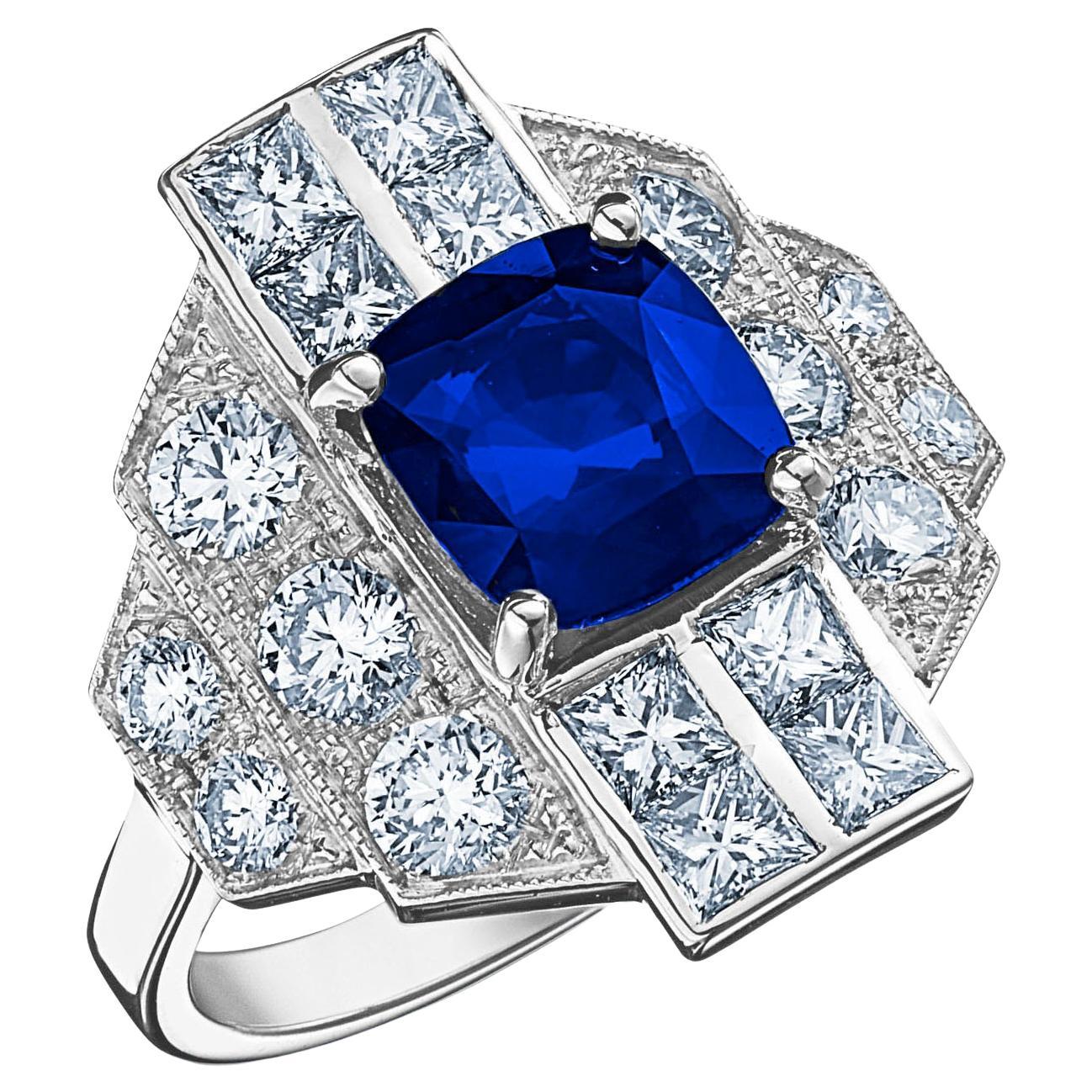 18k White Gold 2.65 Ct Royal Blue Cushion Sapphire Ring Set with 1.69 Ct Diamond
