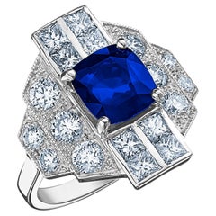 18k White Gold 2.65 Ct Royal Blue Cushion Sapphire Ring Set with 1.69 Ct Diamond