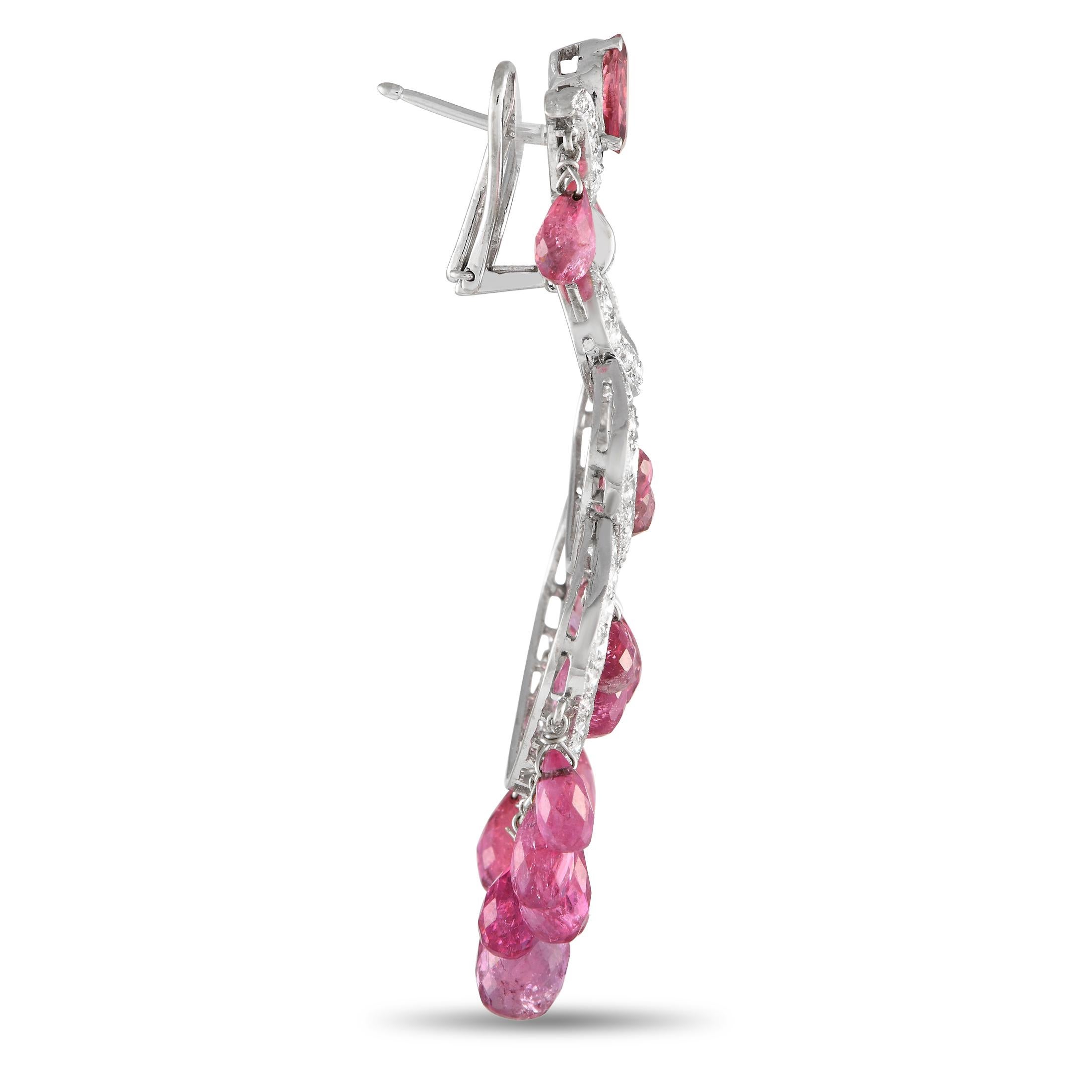 This is the sweet, shimmering detail your monochromatic evening outfit needs. These chandelier earrings feature a tiered design with petite round diamonds tracing each tier's outline. Faceted tourmalines in a beautiful bright pink tone swing from