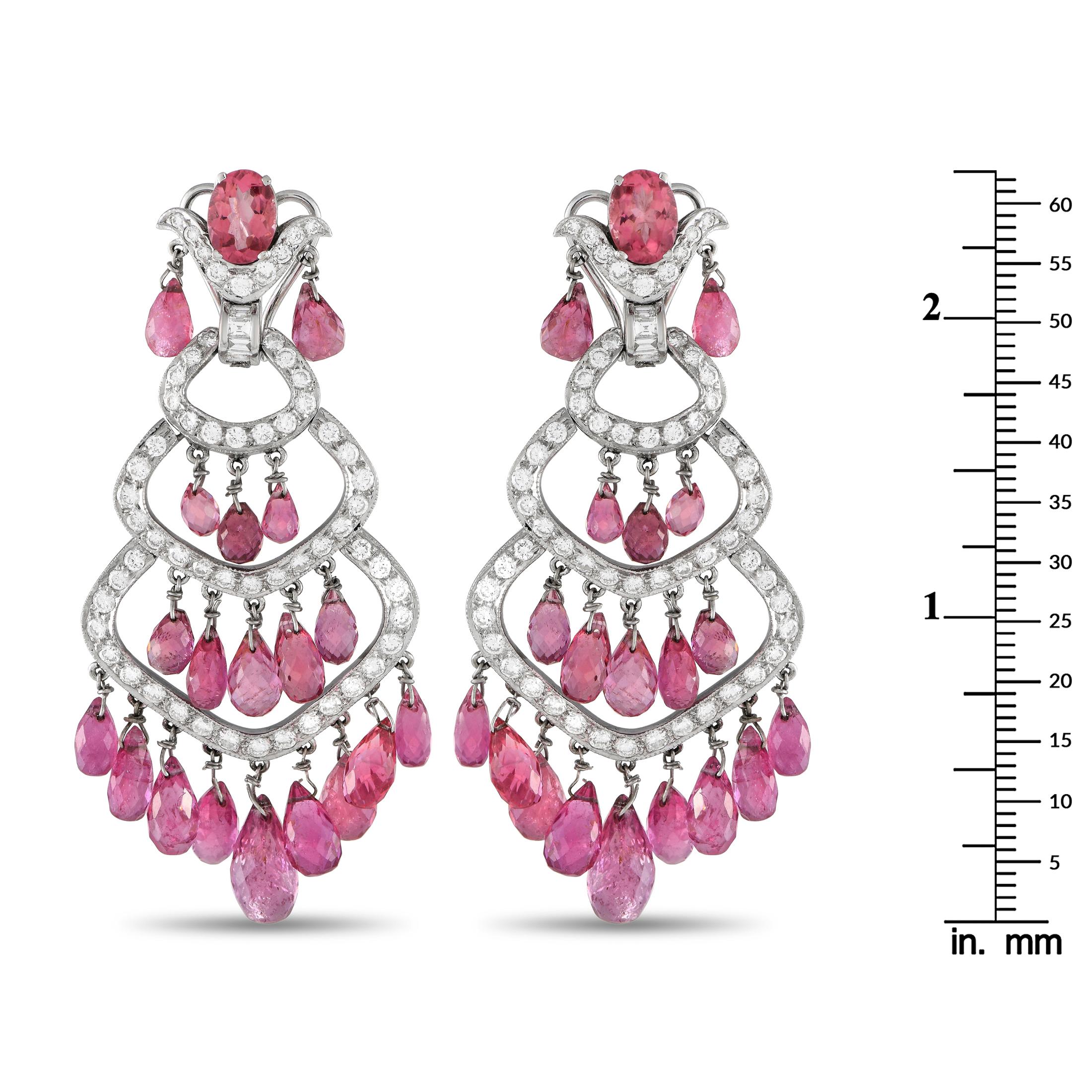 Round Cut 18K White Gold 2.65ct Diamond & Pink Tourmaline Chandelier Earrings MF06-013024 For Sale