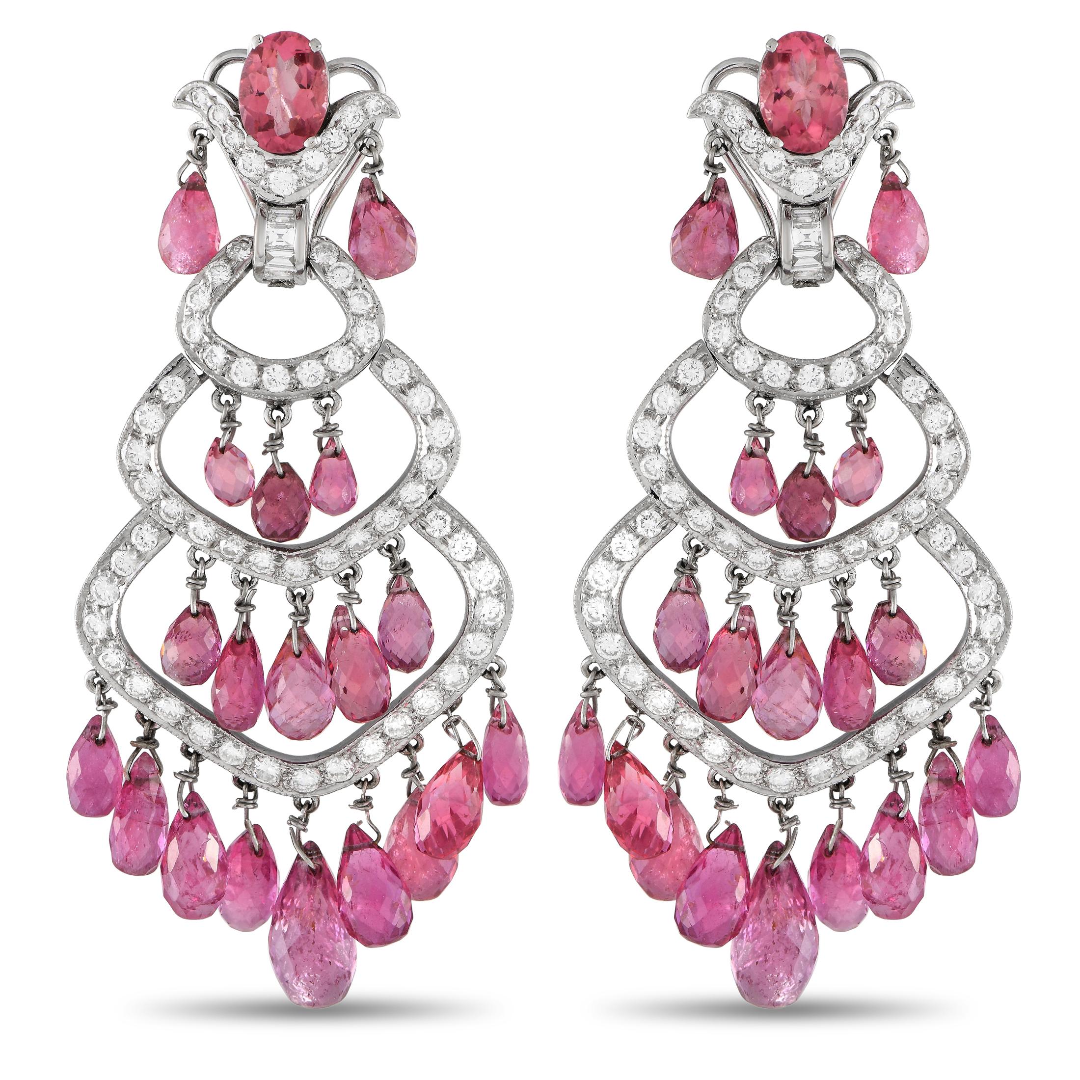 18K White Gold 2.65ct Diamond & Pink Tourmaline Chandelier Earrings MF06-013024 In Excellent Condition For Sale In Southampton, PA