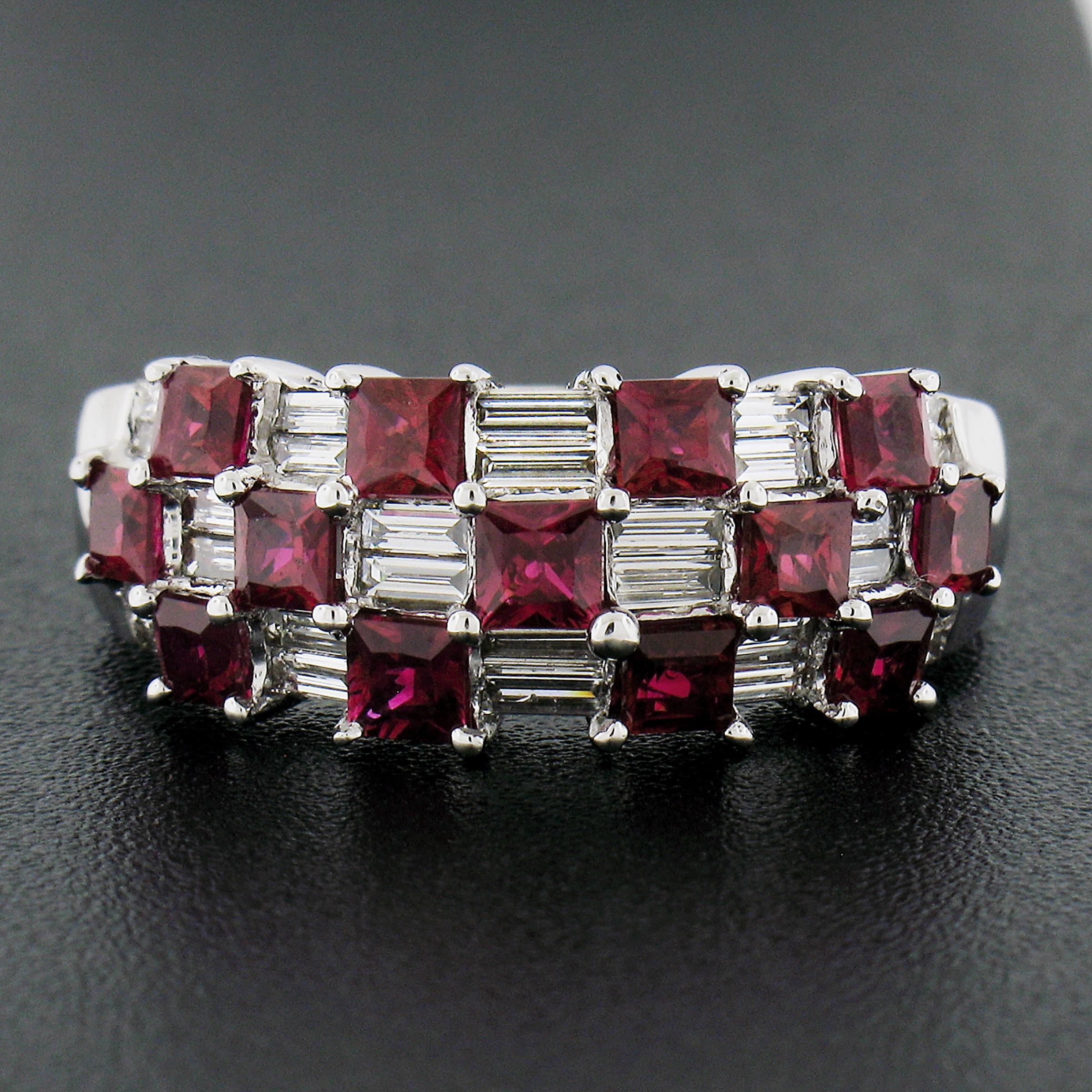 --Stone(s):--
(13) Natural Genuine Rubies - Square Faceted Cut - Prong Set - Vivid Slightly Purplish Red Color w/ Natural Inclusions - 2.0ctw (approx.)
(28) Natural Genuine Diamonds - Straight Baguette Cut - Prong Set - F/G Color - VS1/VS2 Clarity -