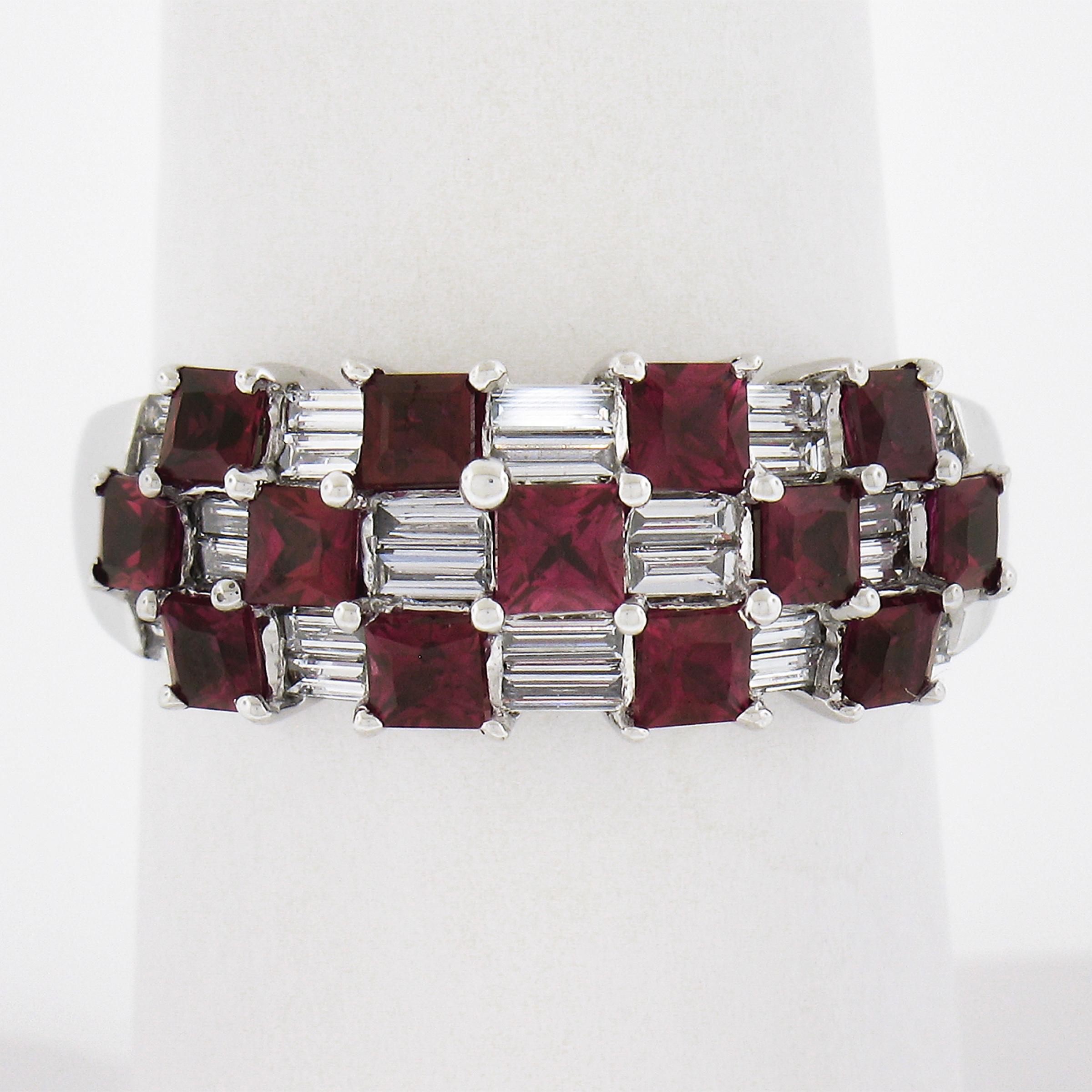 Square Cut 18K White Gold 2.65ctw Square Ruby & Baguette Diamond Checkerboard Cocktail Ring For Sale