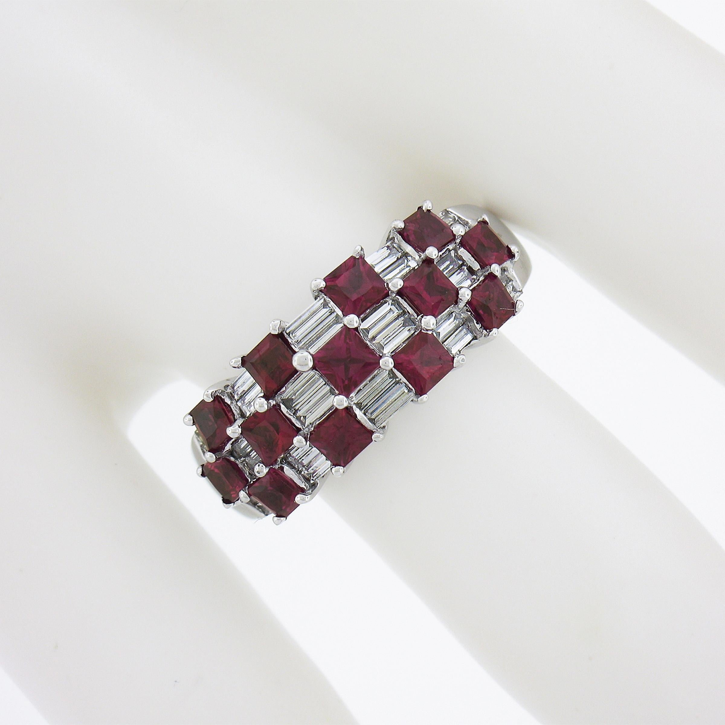 18K White Gold 2.65ctw Square Ruby & Baguette Diamond Checkerboard Cocktail Ring In Excellent Condition For Sale In Montclair, NJ