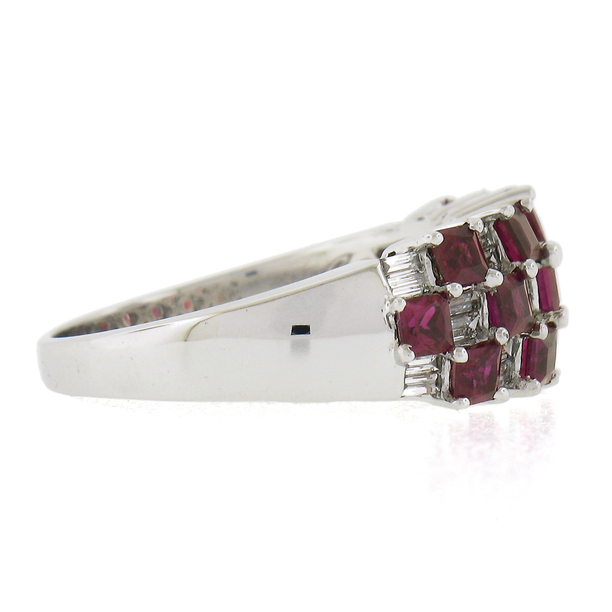 Women's 18K White Gold 2.65ctw Square Ruby & Baguette Diamond Checkerboard Cocktail Ring For Sale