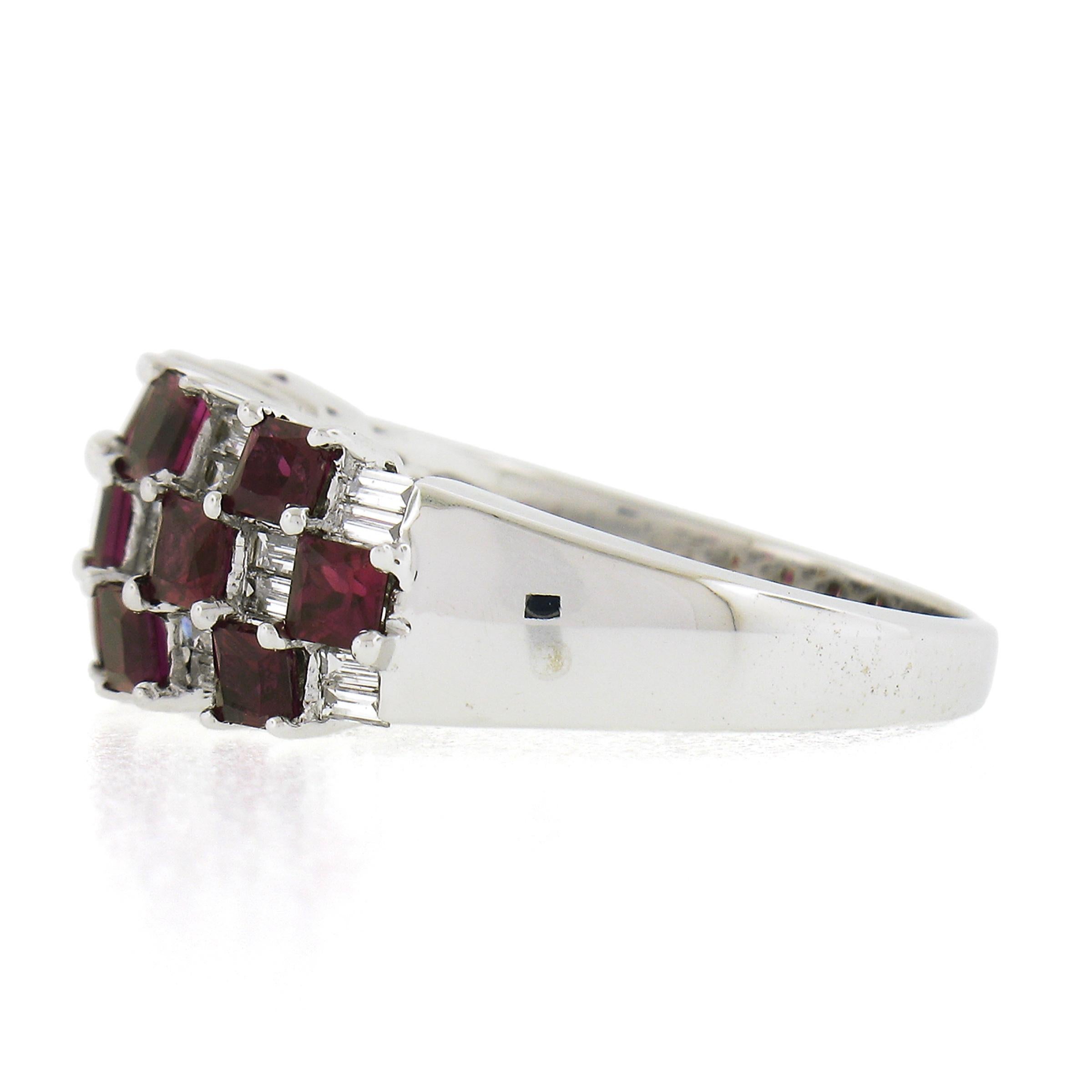 18K White Gold 2.65ctw Square Ruby & Baguette Diamond Checkerboard Cocktail Ring For Sale 1