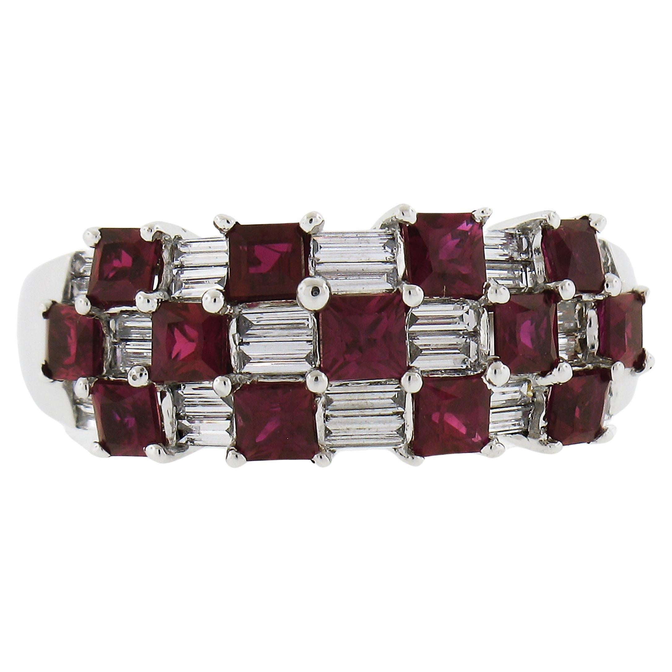 18K White Gold 2.65ctw Square Ruby & Baguette Diamond Checkerboard Cocktail Ring For Sale