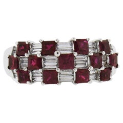 18K White Gold 2.65ctw Square Ruby & Baguette Diamond Checkerboard Cocktail Ring