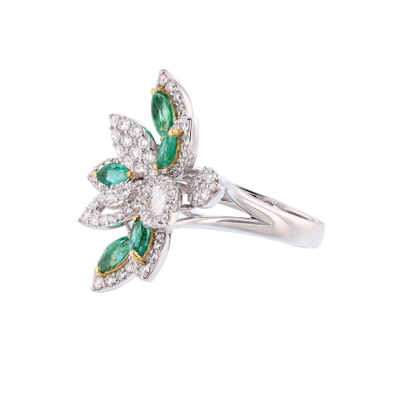 Modern 18K White Gold 2.67 Carat Marquise Emerald Diamond Cocktail Ring For Sale