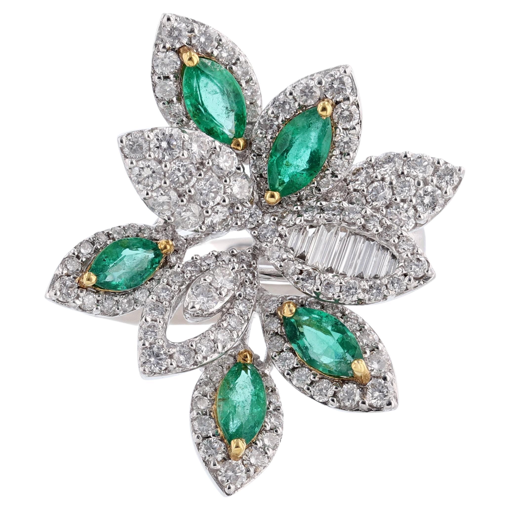 18K White Gold 2.67 Carat Marquise Emerald Diamond Cocktail Ring For Sale