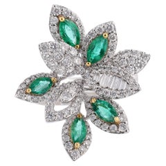 18K White Gold 2.67 Carat Marquise Emerald Diamond Cocktail Ring
