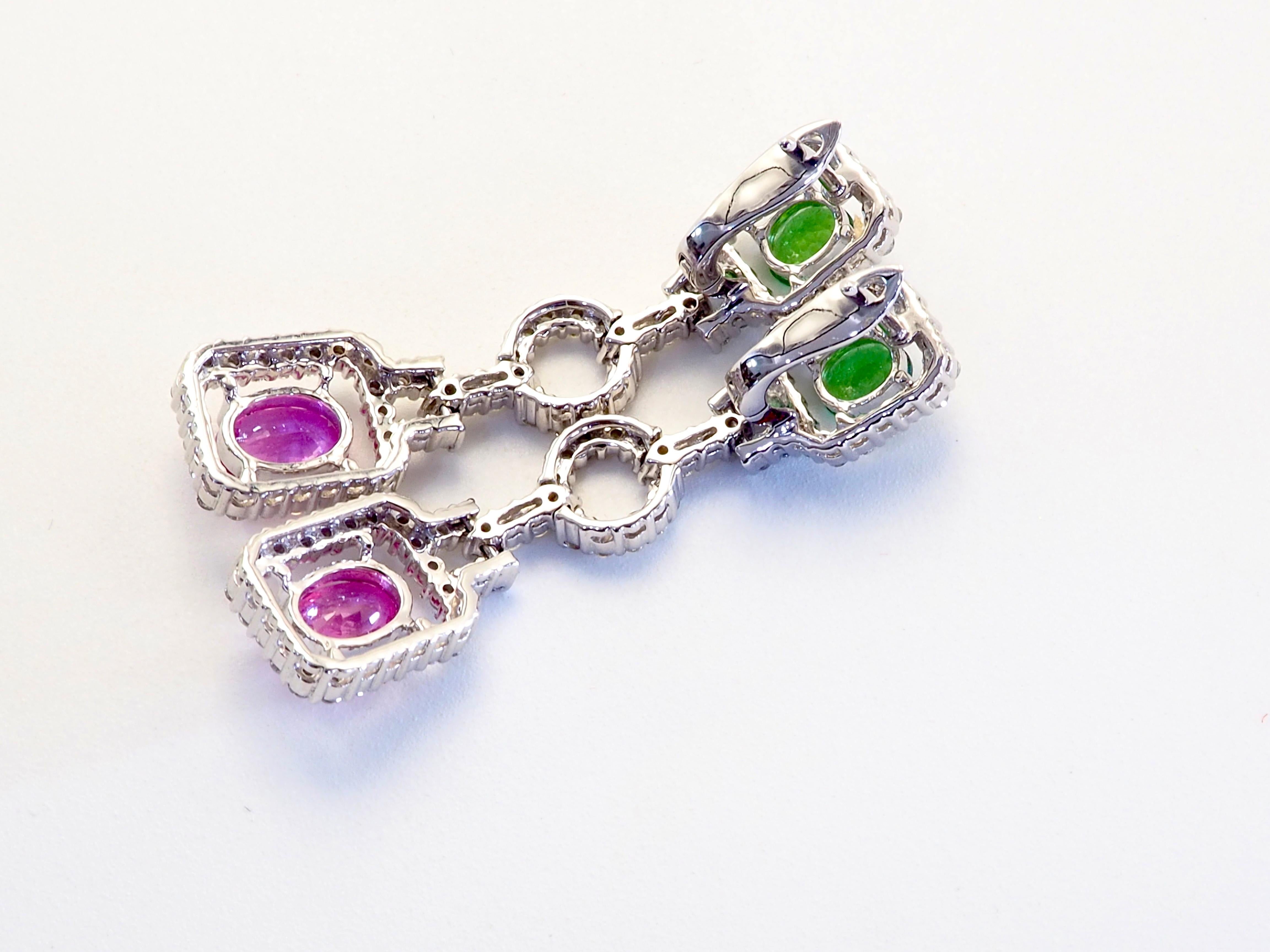 Round Cut 18K White Gold 268ctw Pink Sapphire, Tsavorite & 1.31ct Diamond Dangle Earring For Sale