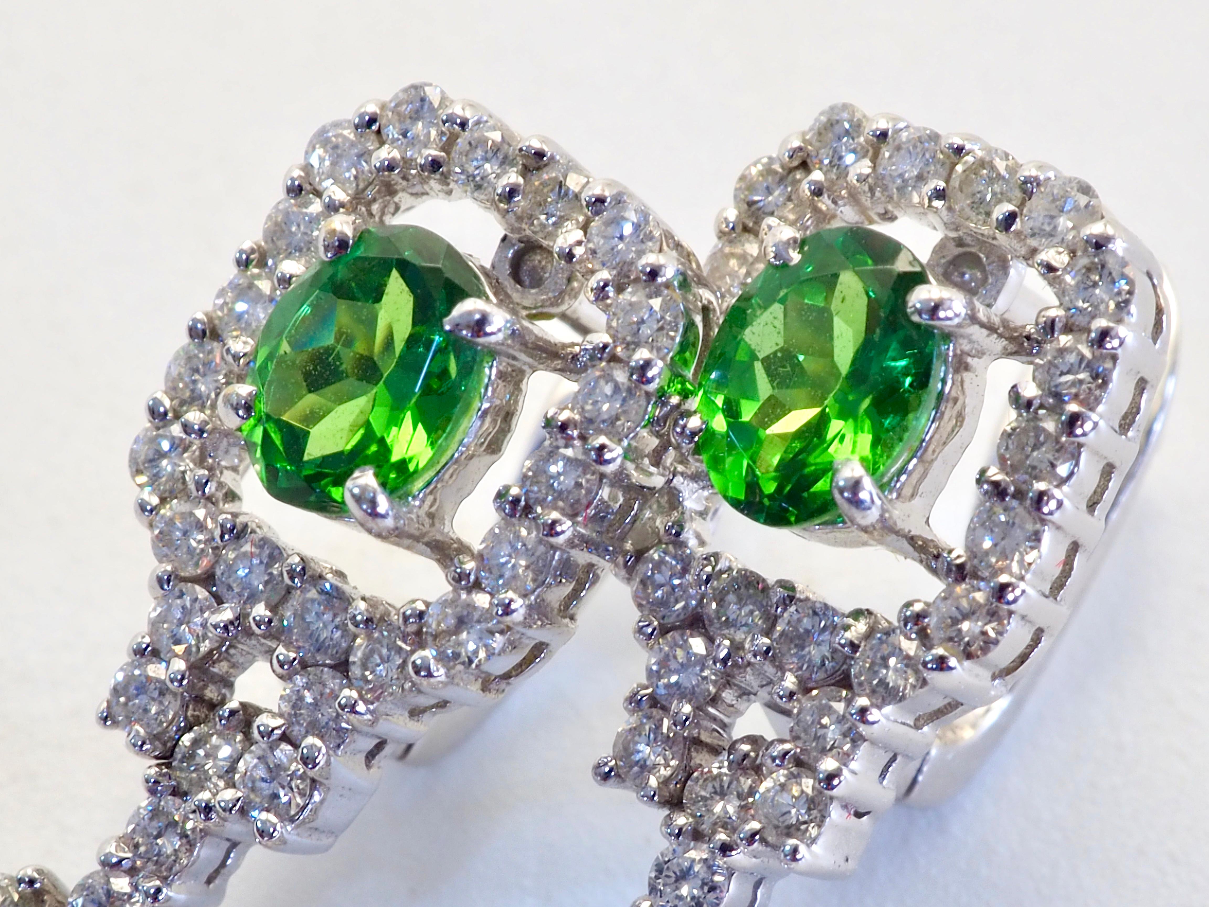 Women's or Men's 18K White Gold 268ctw Pink Sapphire, Tsavorite & 1.31ct Diamond Dangle Earring For Sale