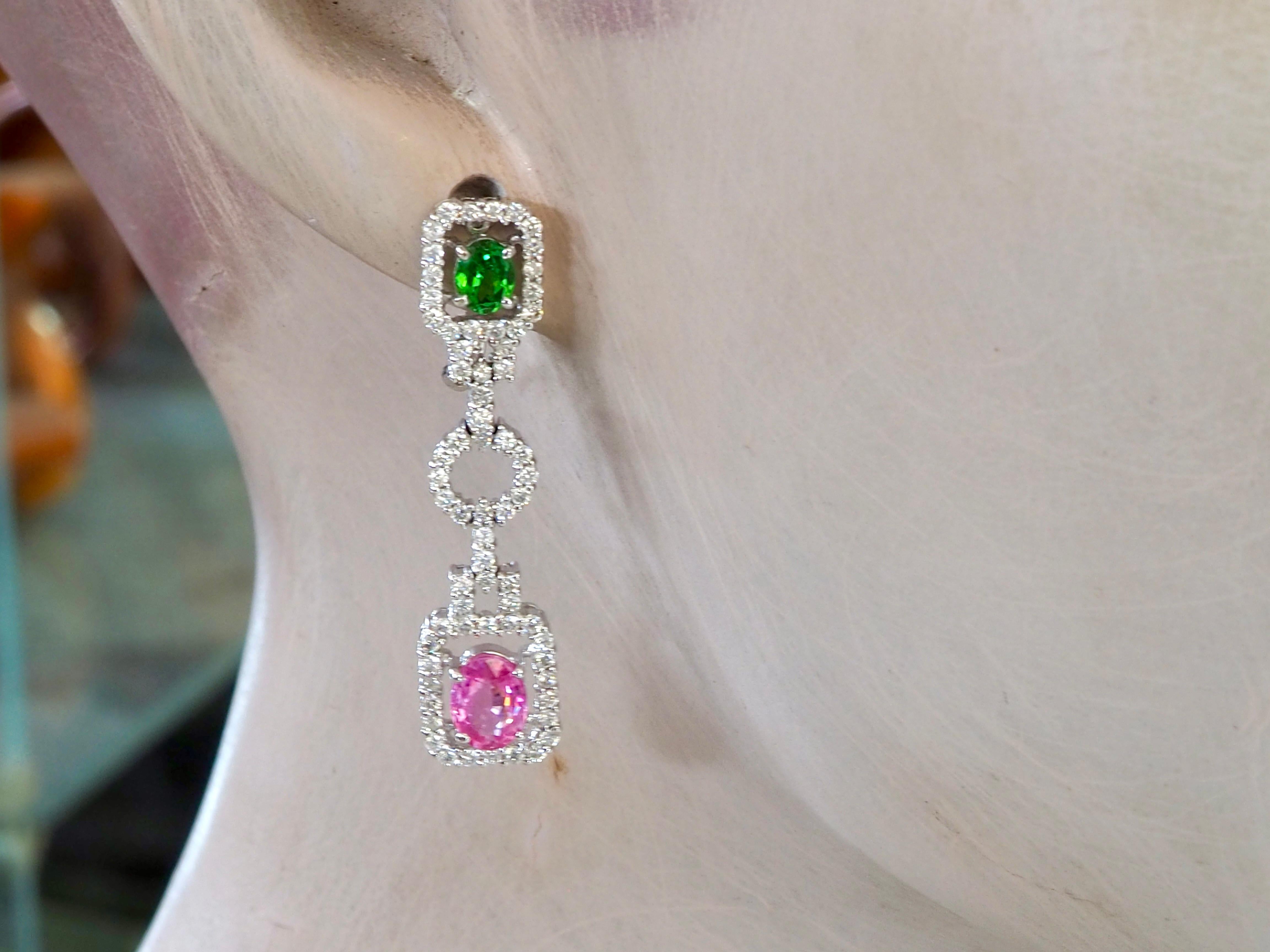 18K White Gold 268ctw Pink Sapphire, Tsavorite & 1.31ct Diamond Dangle Earring For Sale 1