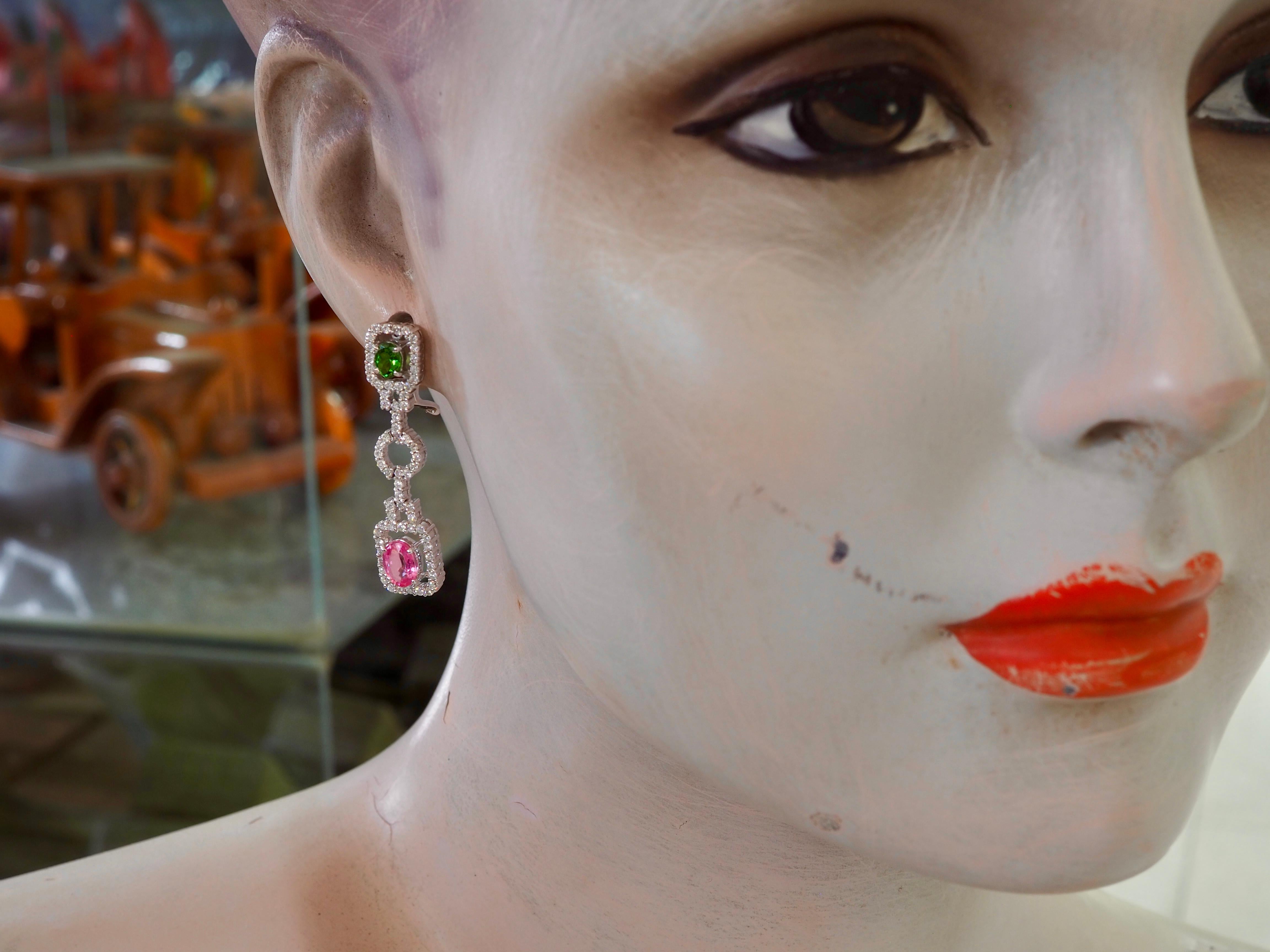 18K White Gold 268ctw Pink Sapphire, Tsavorite & 1.31ct Diamond Dangle Earring For Sale 2
