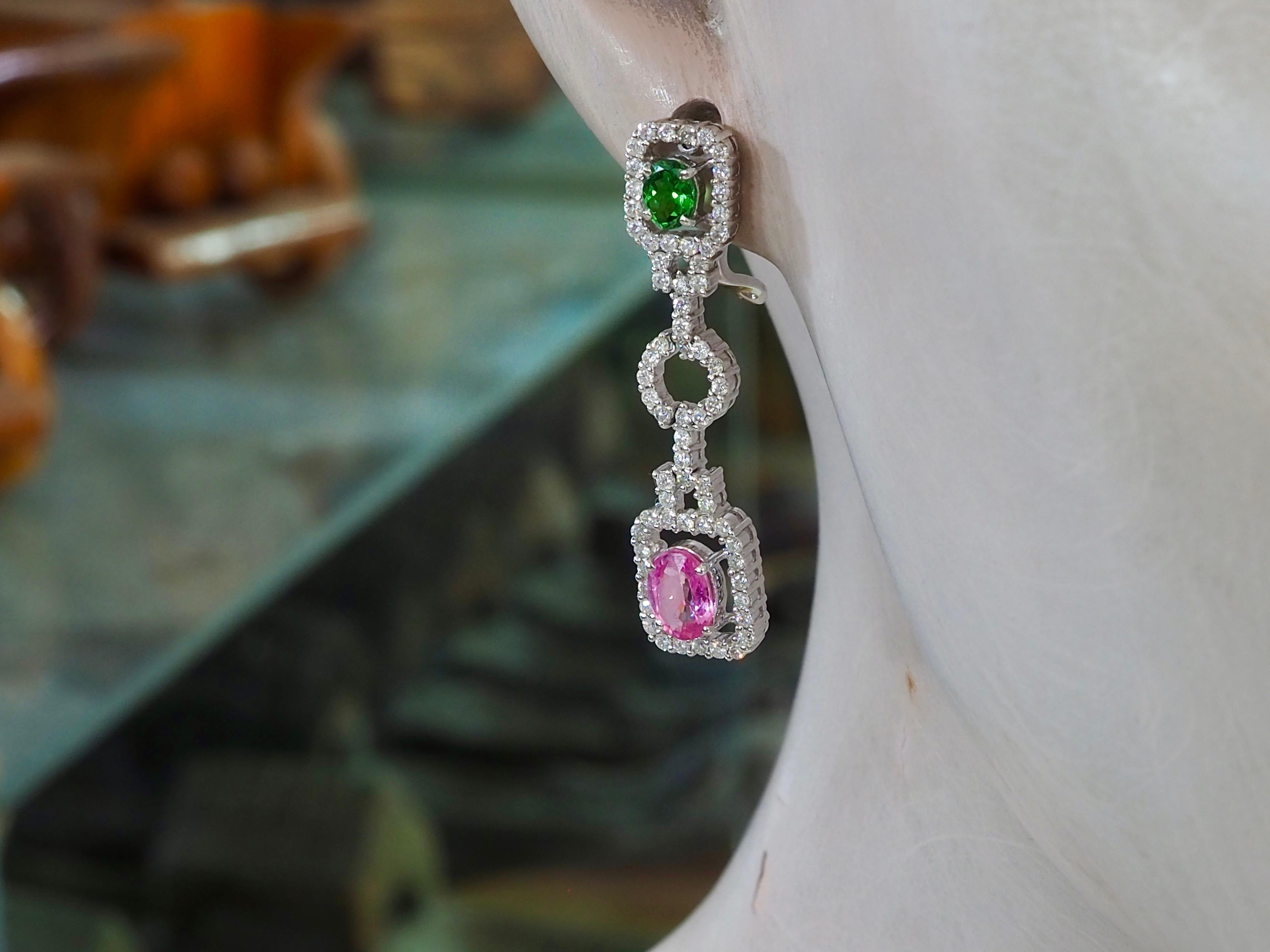 18K White Gold 268ctw Pink Sapphire, Tsavorite & 1.31ct Diamond Dangle Earring For Sale 3