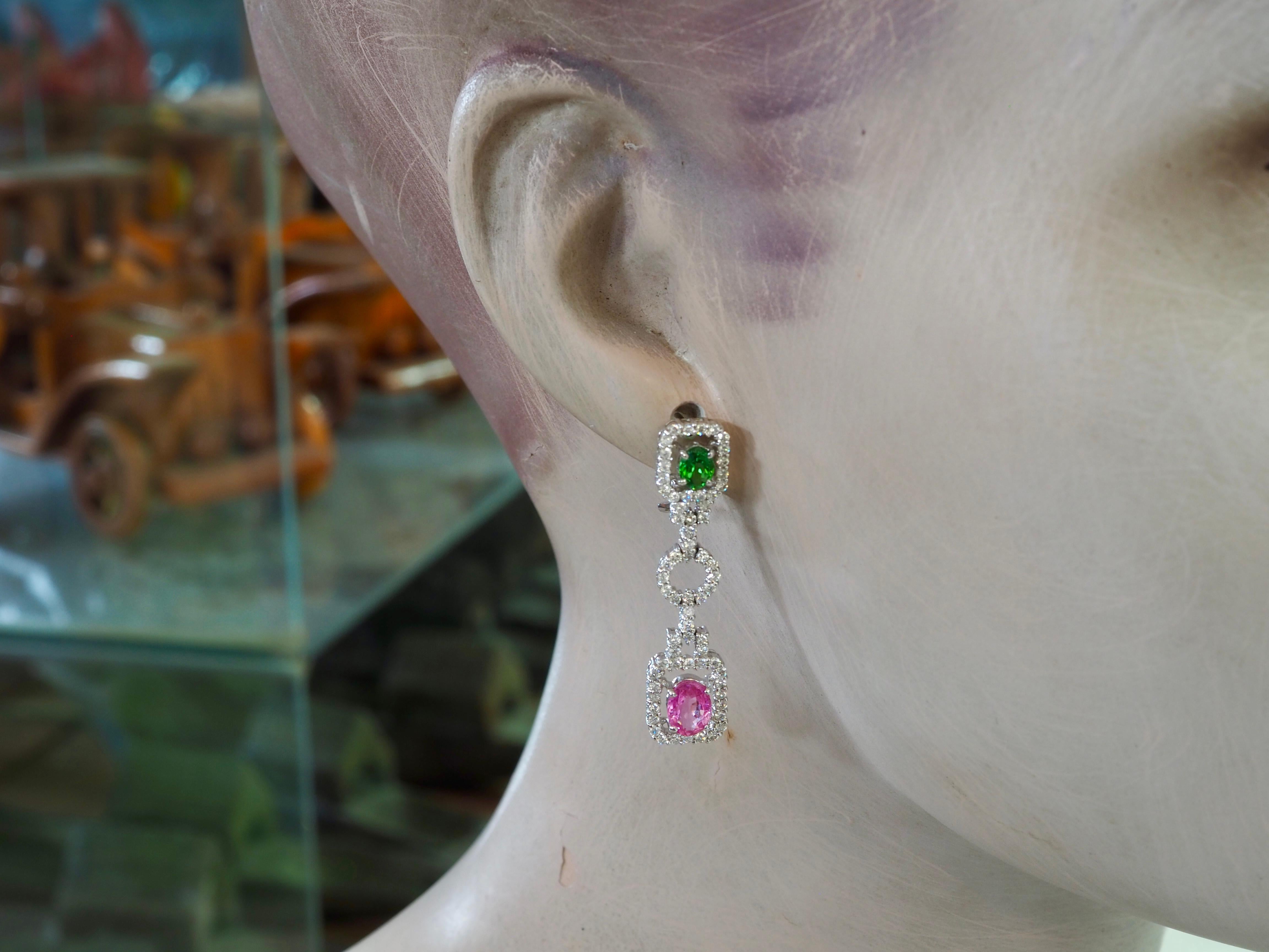 18K White Gold 268ctw Pink Sapphire, Tsavorite & 1.31ct Diamond Dangle Earring For Sale 4