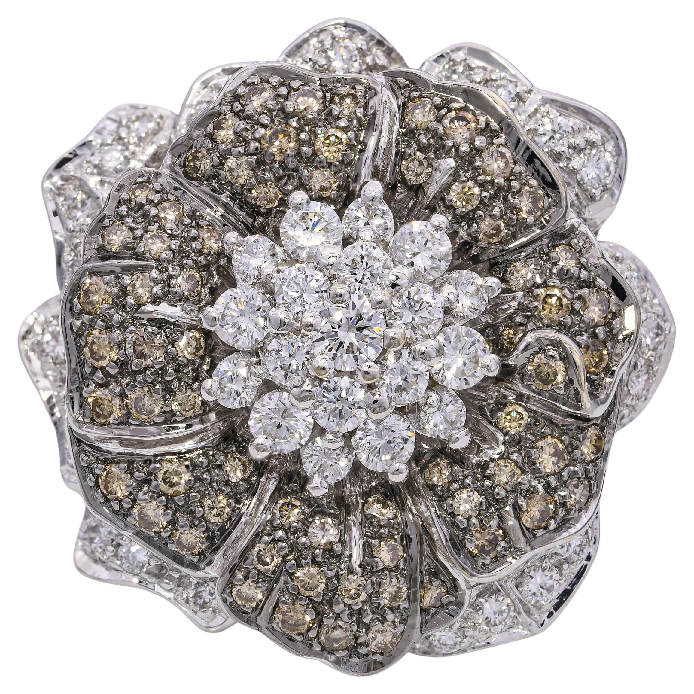 18k White Gold 2.69tcw Chocolate 
White Diamond Flower Statement Ring For Sale