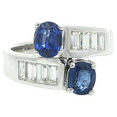 18k White Gold 2.6ctw High Quality Oval Sapphire Baguette Diamond Bypass Ring