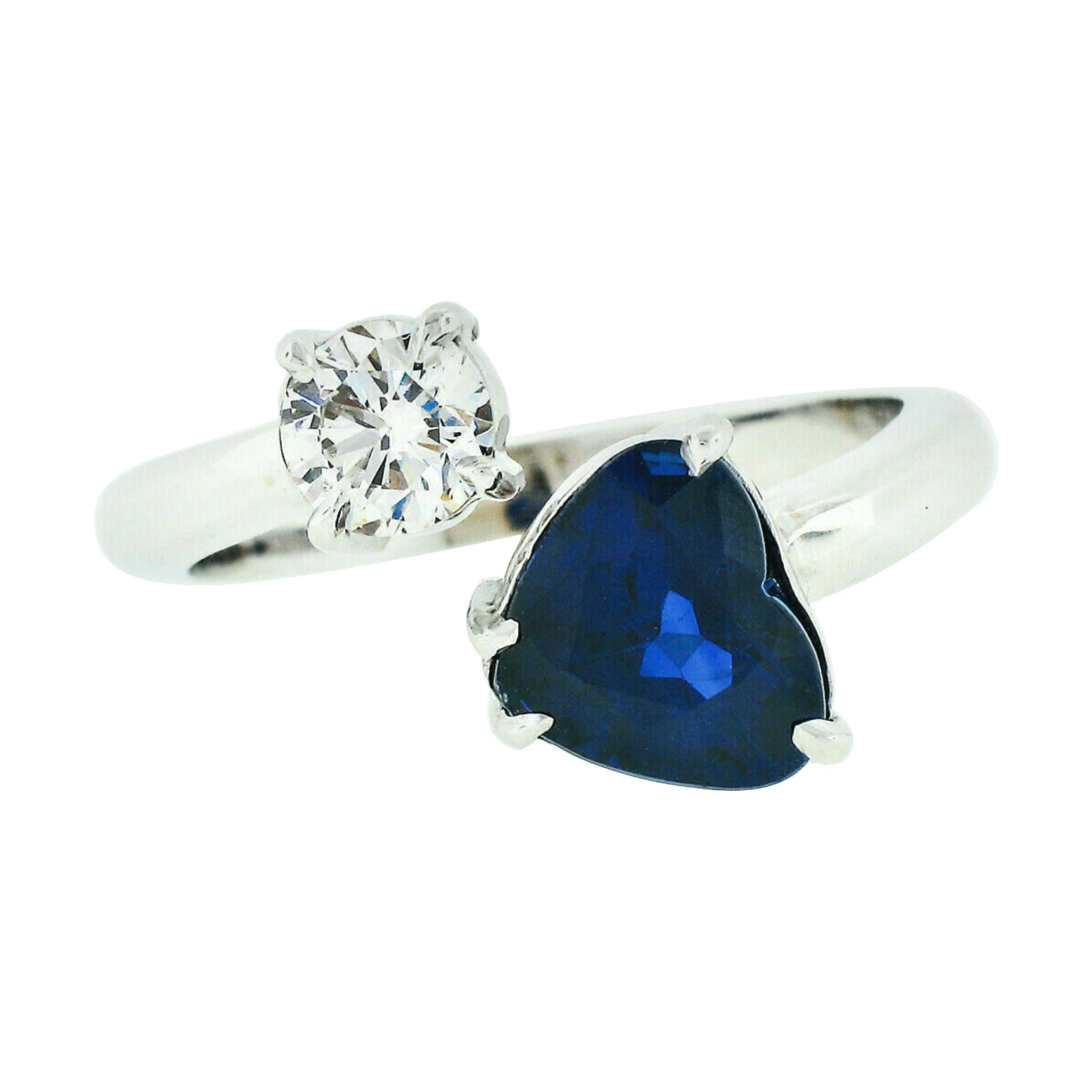 18K White Gold 2.71ct GIA Heart Blue Sapphire Diamond Moi et Toi Bypass Ring For Sale