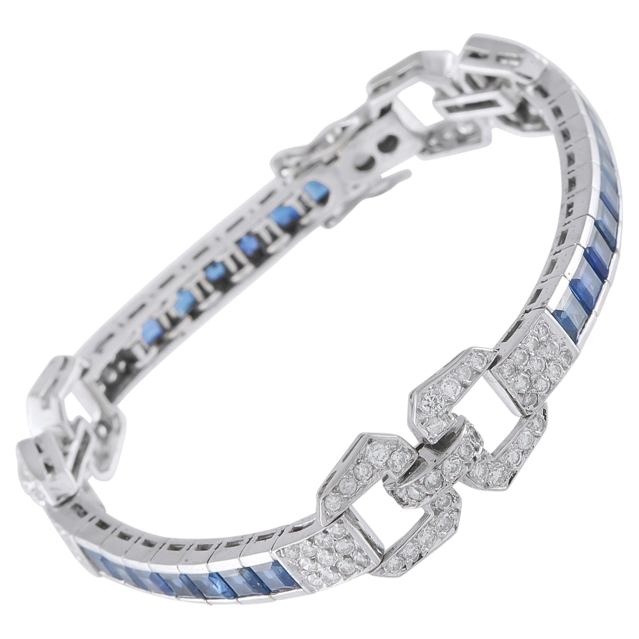 Pre-owned Lb Exclusive 18k White Gold 2.75ct Diamond And Sapphire Art Deco Bracelet
