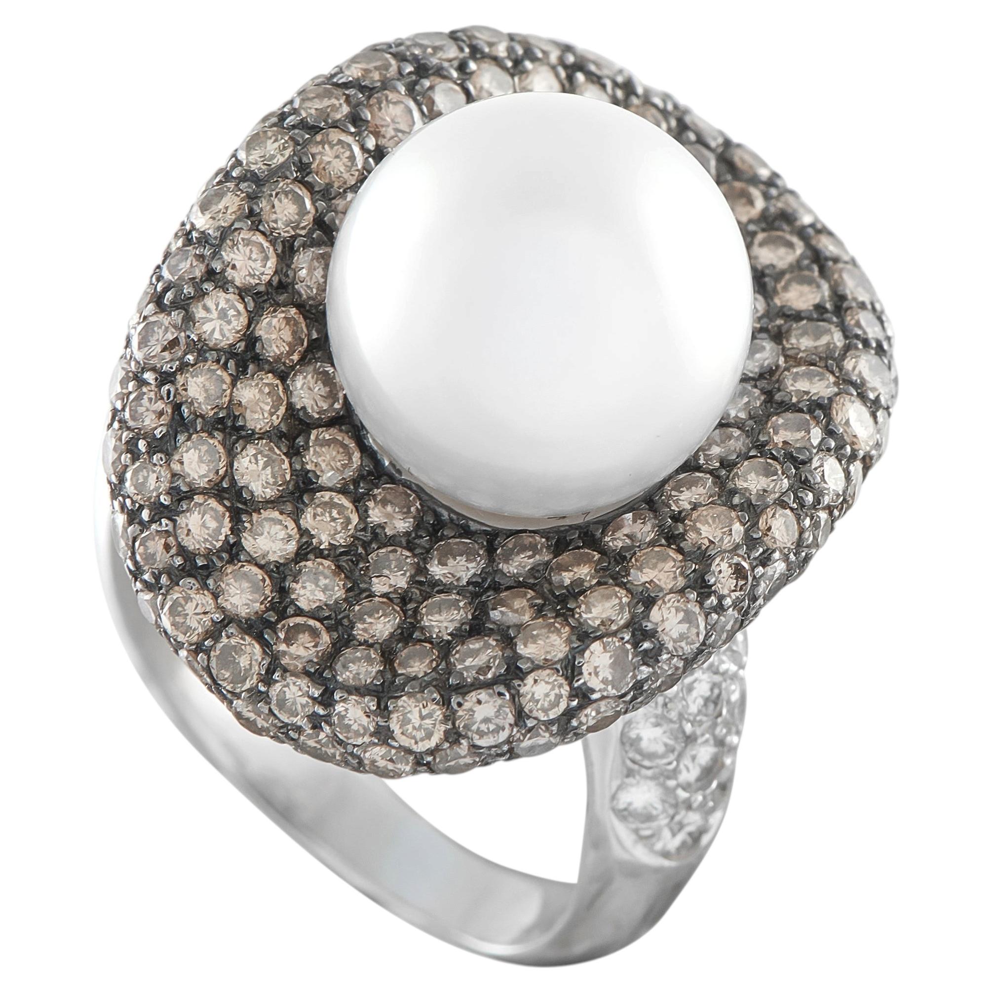 18K White Gold 2.80ct Diamond and Pearl French Ring MF08-050626 For Sale