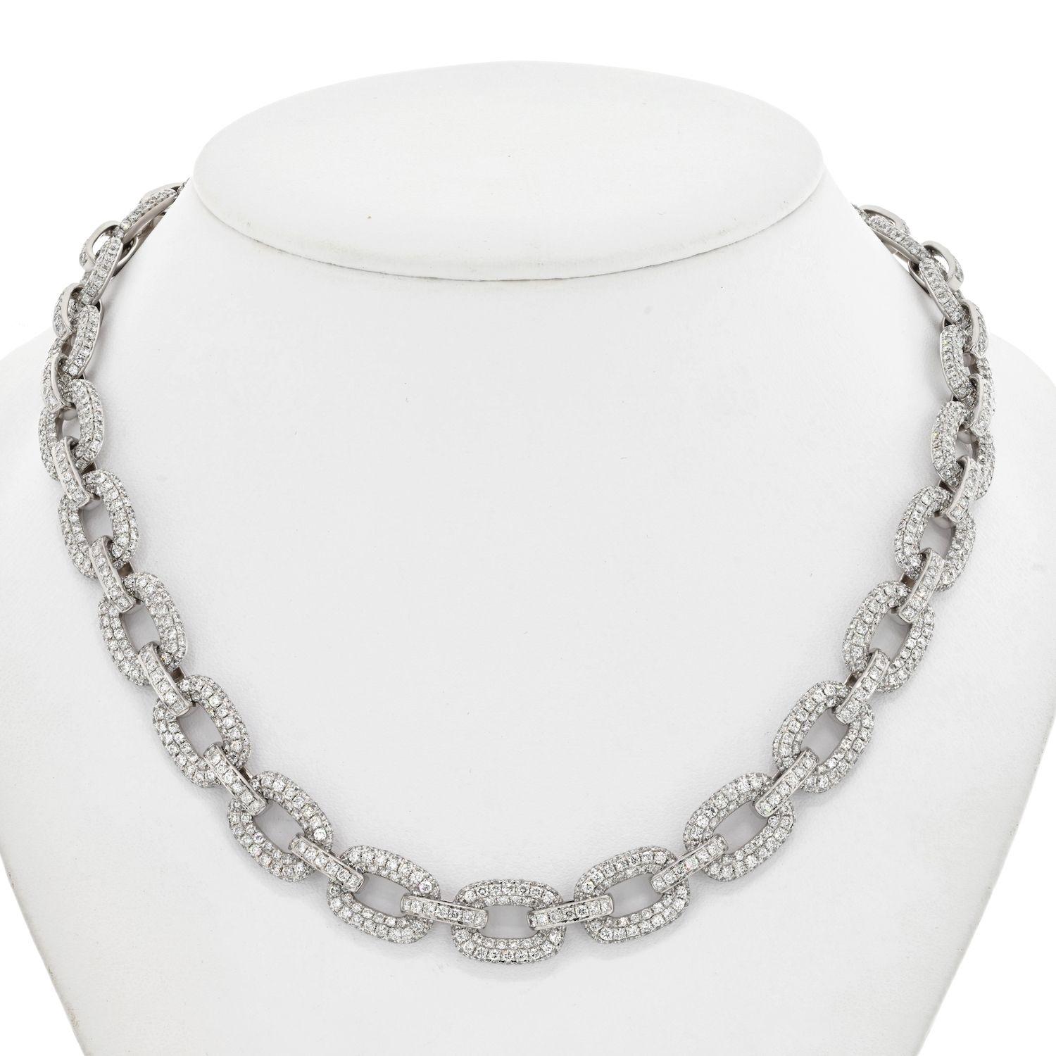 Modern diamond link necklace made in 18K white gold mounted with round cut diamonds. Each link has somewhat of a bombe dome design and flat on the side where it touches the skin. 
Comfortable and light an excellent way to sparkle up your outfit, and