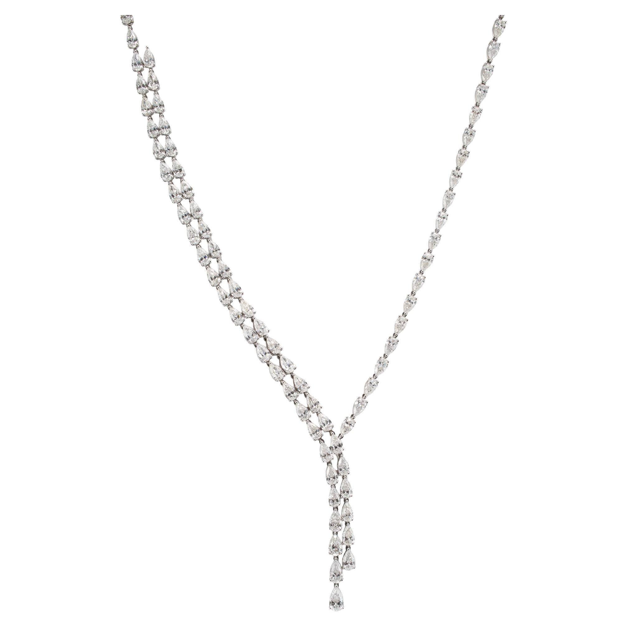 18K White Gold 28.56ct Pear Shape Diamond Tennis Graduated Lariat Necklace For Sale