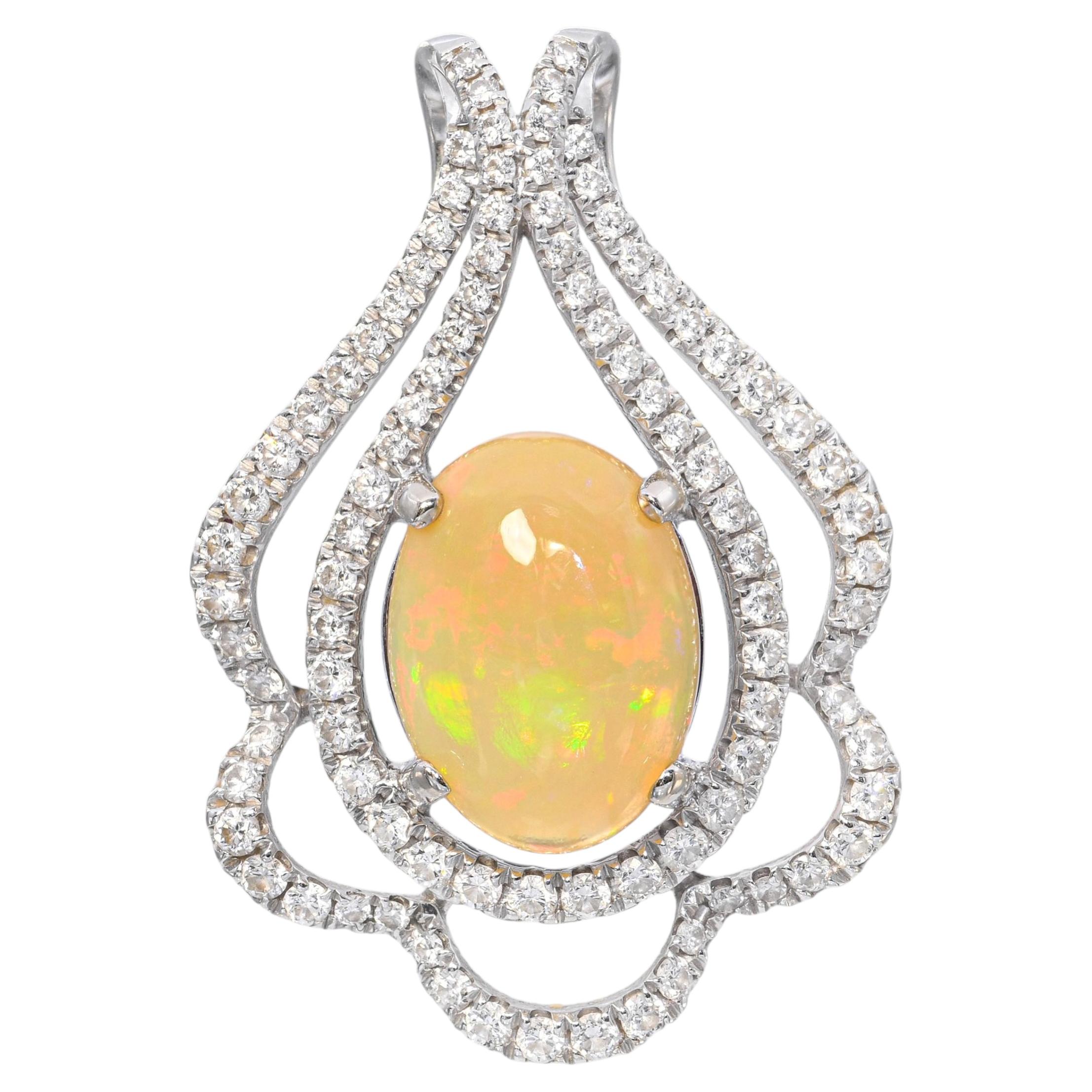 18k White Gold 2.89ct Opal and 1.13ctw Diamond Slide Pendant For Sale