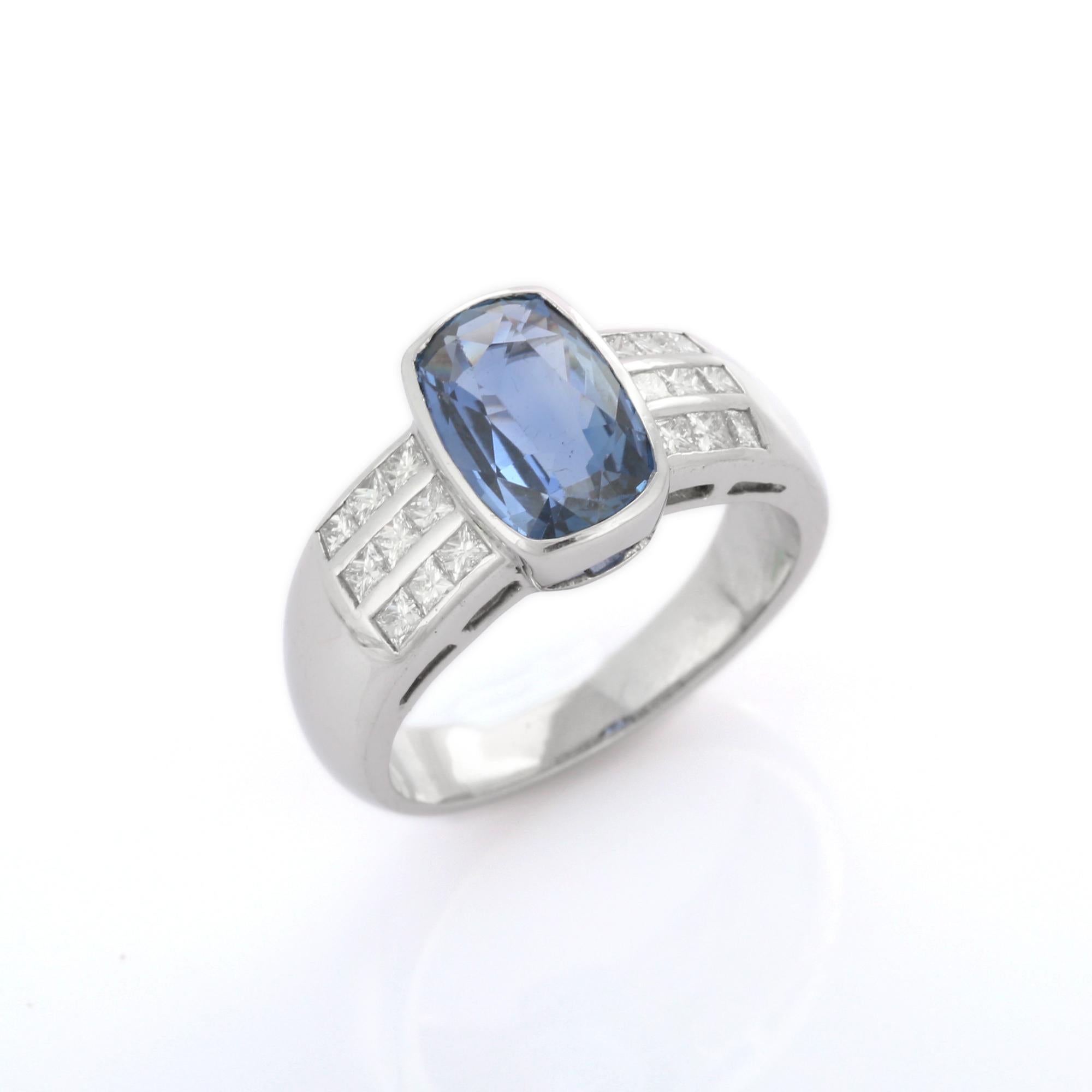 For Sale:  18K White Gold Oblong Cushion Cut Blue Sapphire and Diamond Engagement Ring 2