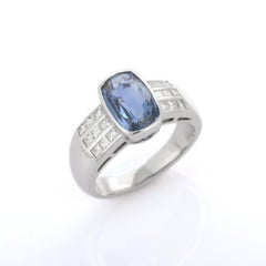 18K White Gold Oblong Cushion Cut Blue Sapphire and Diamond Engagement Ring