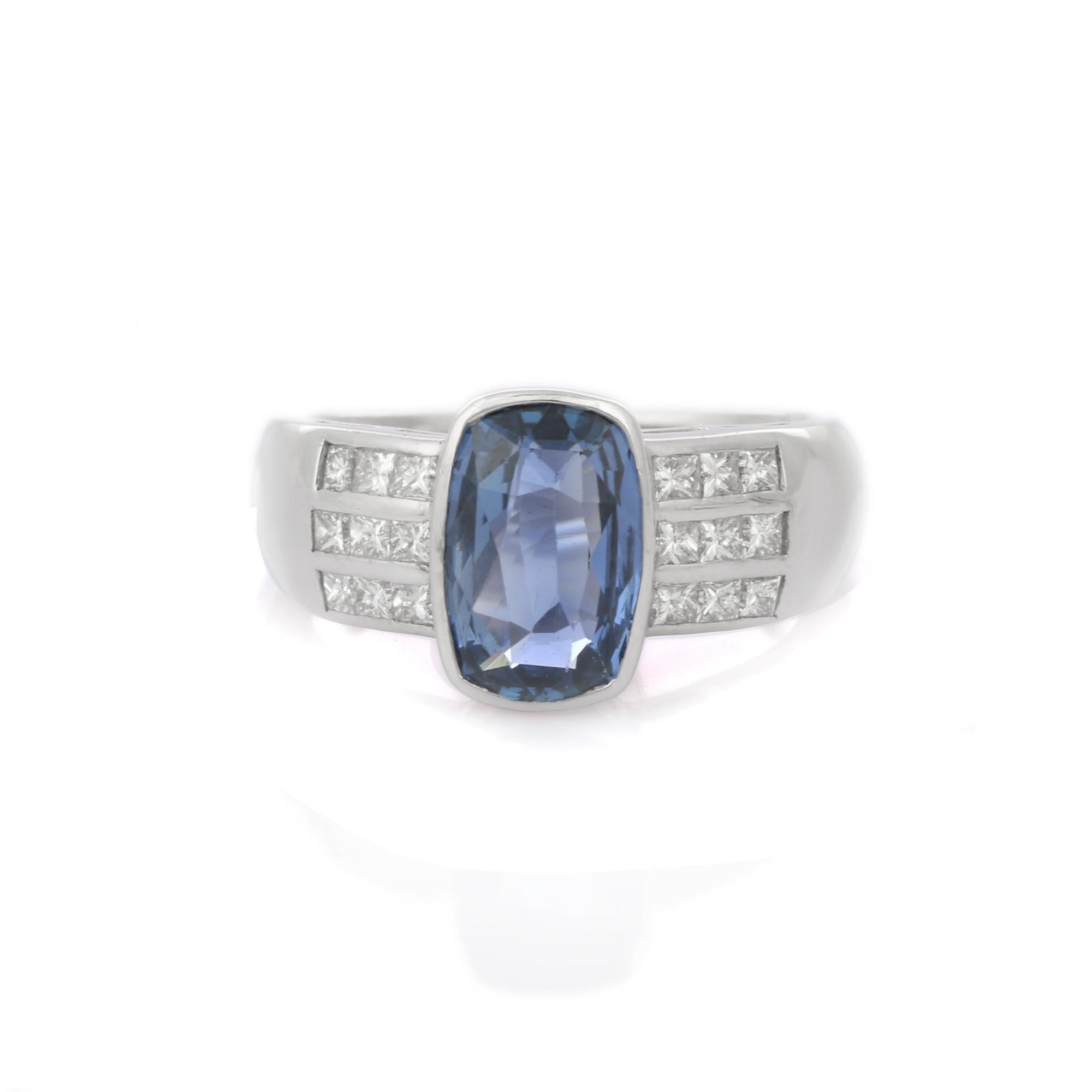 For Sale:  18K White Gold Oblong Cushion Cut Blue Sapphire and Diamond Engagement Ring 5