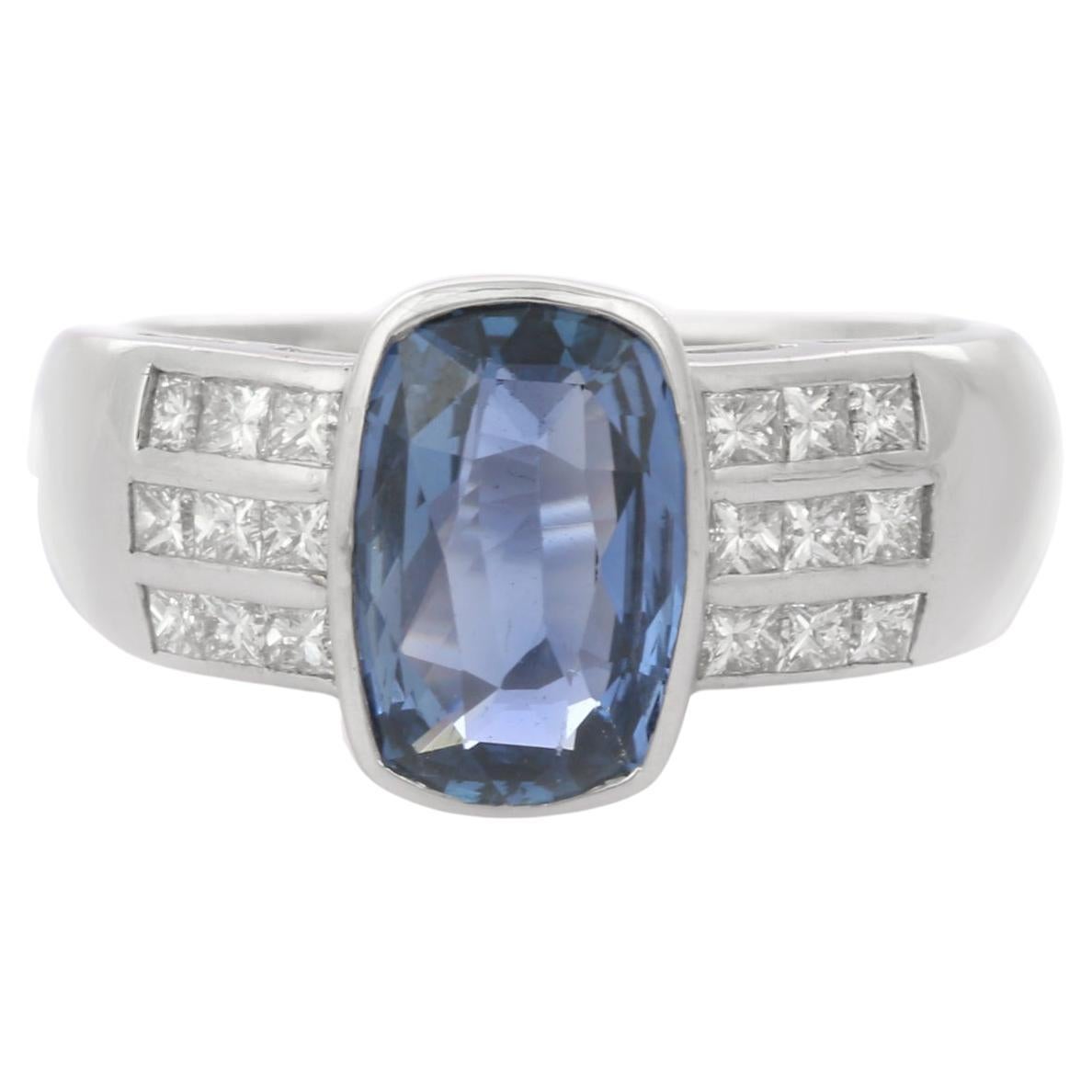 18K White Gold Oblong Cushion Cut Blue Sapphire and Diamond Engagement Ring
