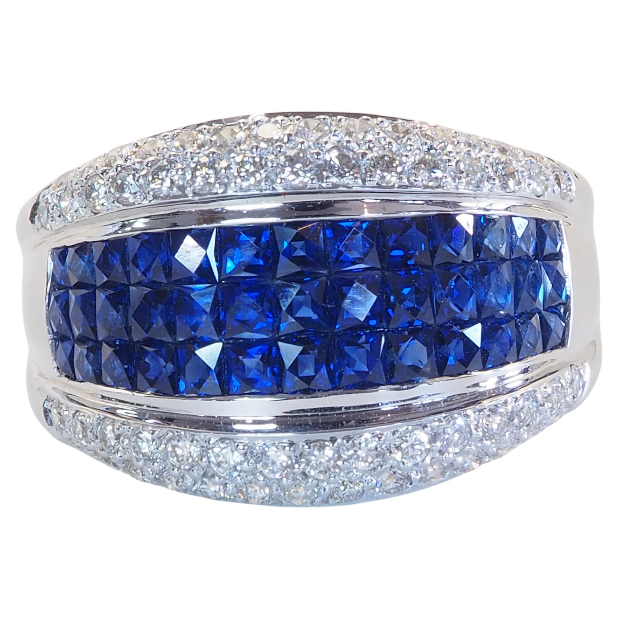 Bague en or blanc 18K avec saphir bleu de 2,90 ct et diamant de 0,60 ct en serti clos en vente