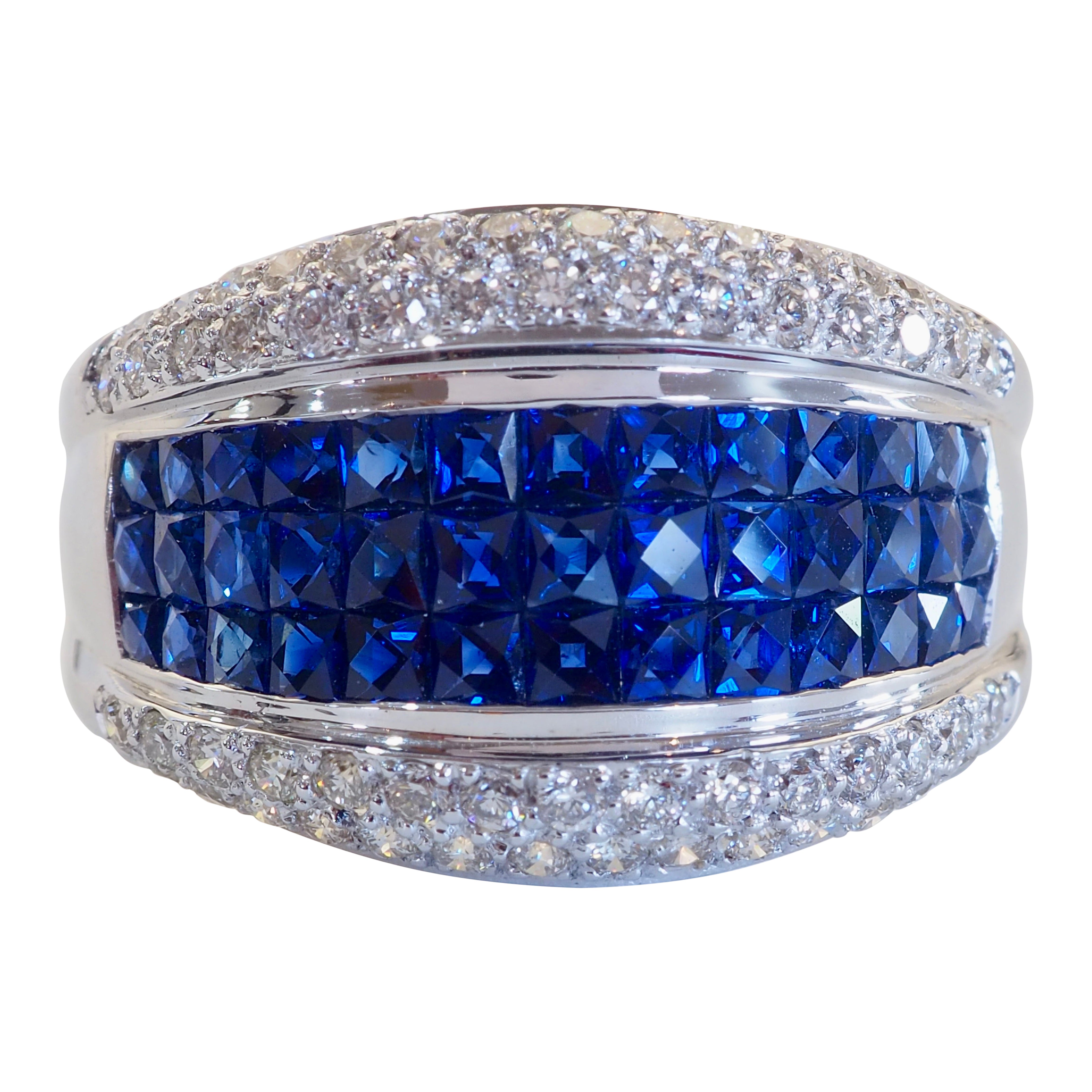 18K White Gold 2.90ct Blue Sapphire & 0.60ct Diamond Invisible Band Ring