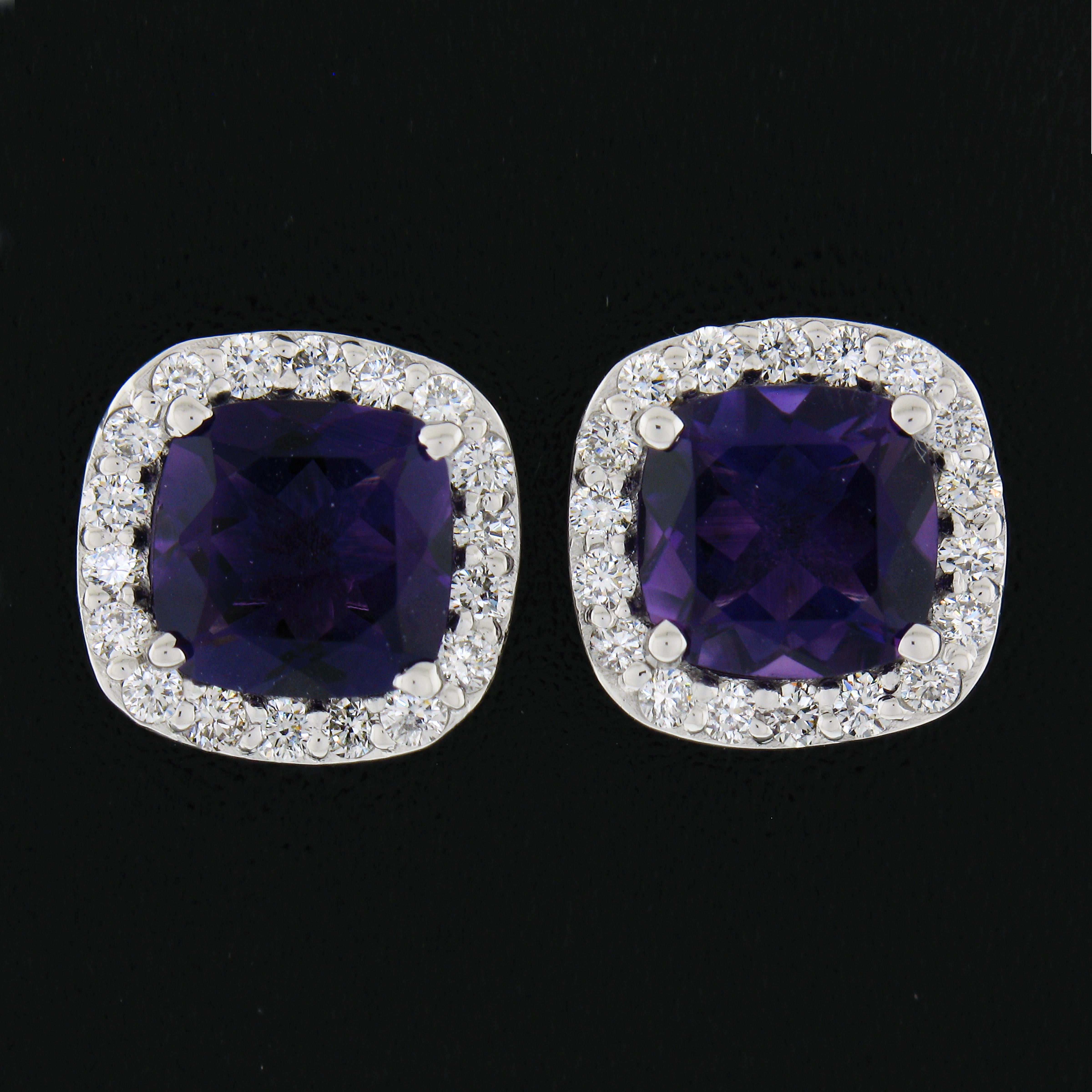 18k White Gold 2.93ct Cushion Royal Purple Amethyst & Diamond Halo Stud Earrings In New Condition For Sale In Montclair, NJ