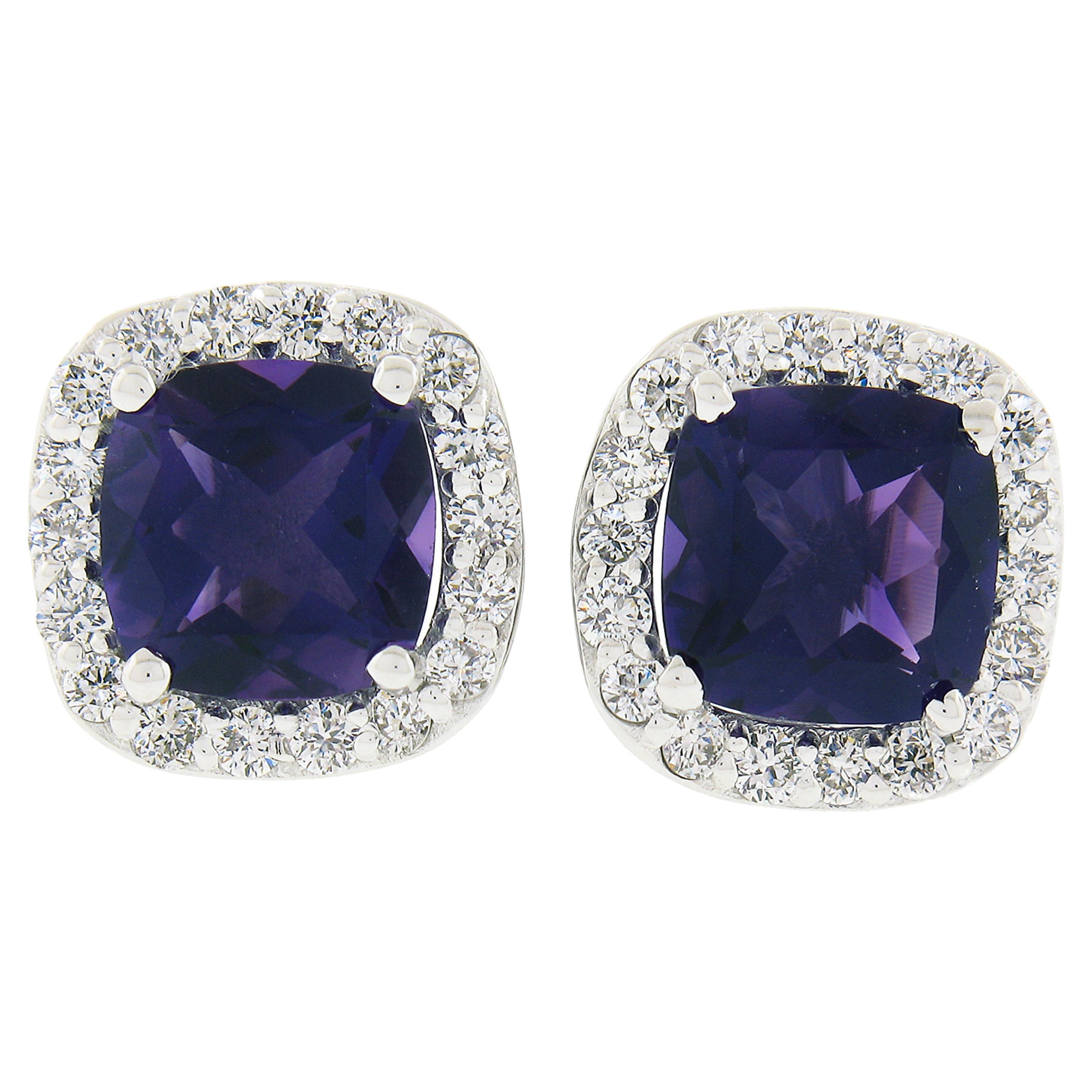 18k White Gold 2.93ct Cushion Royal Purple Amethyst & Diamond Halo Stud Earrings For Sale