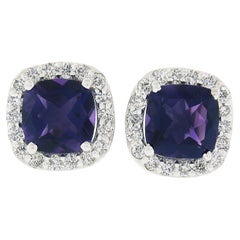 18k White Gold 2.93ct Cushion Royal Purple Amethyst & Diamond Halo Stud Earrings