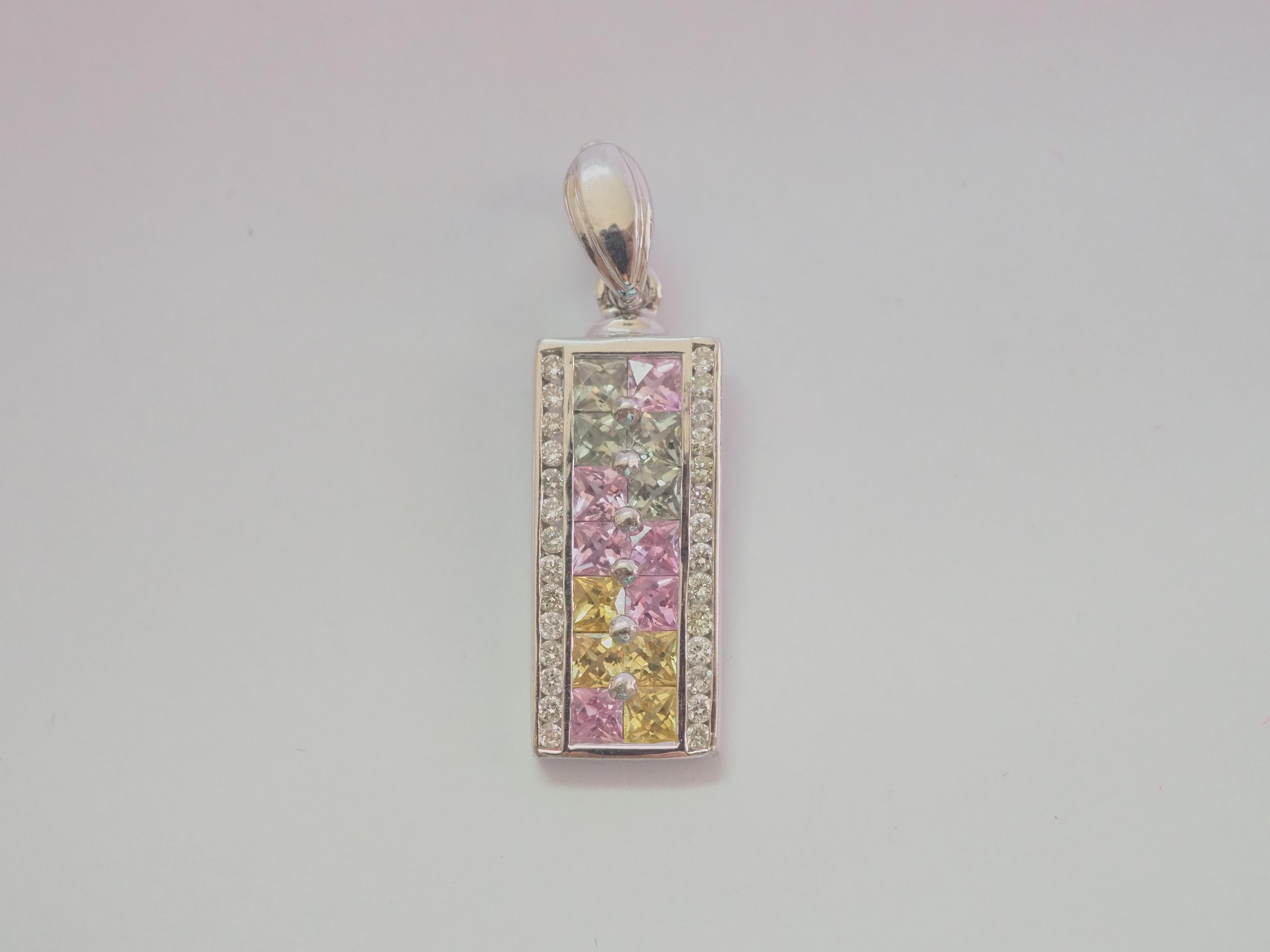Auction Estimate:
$325 - $1,500

A very beautiful and delicate bar shaped pendant in 18K solid white gold for fashion wearing every day and everywhere. The pendant includes a total 14 squared fancy pastel sapphires and arranged and inlaid
