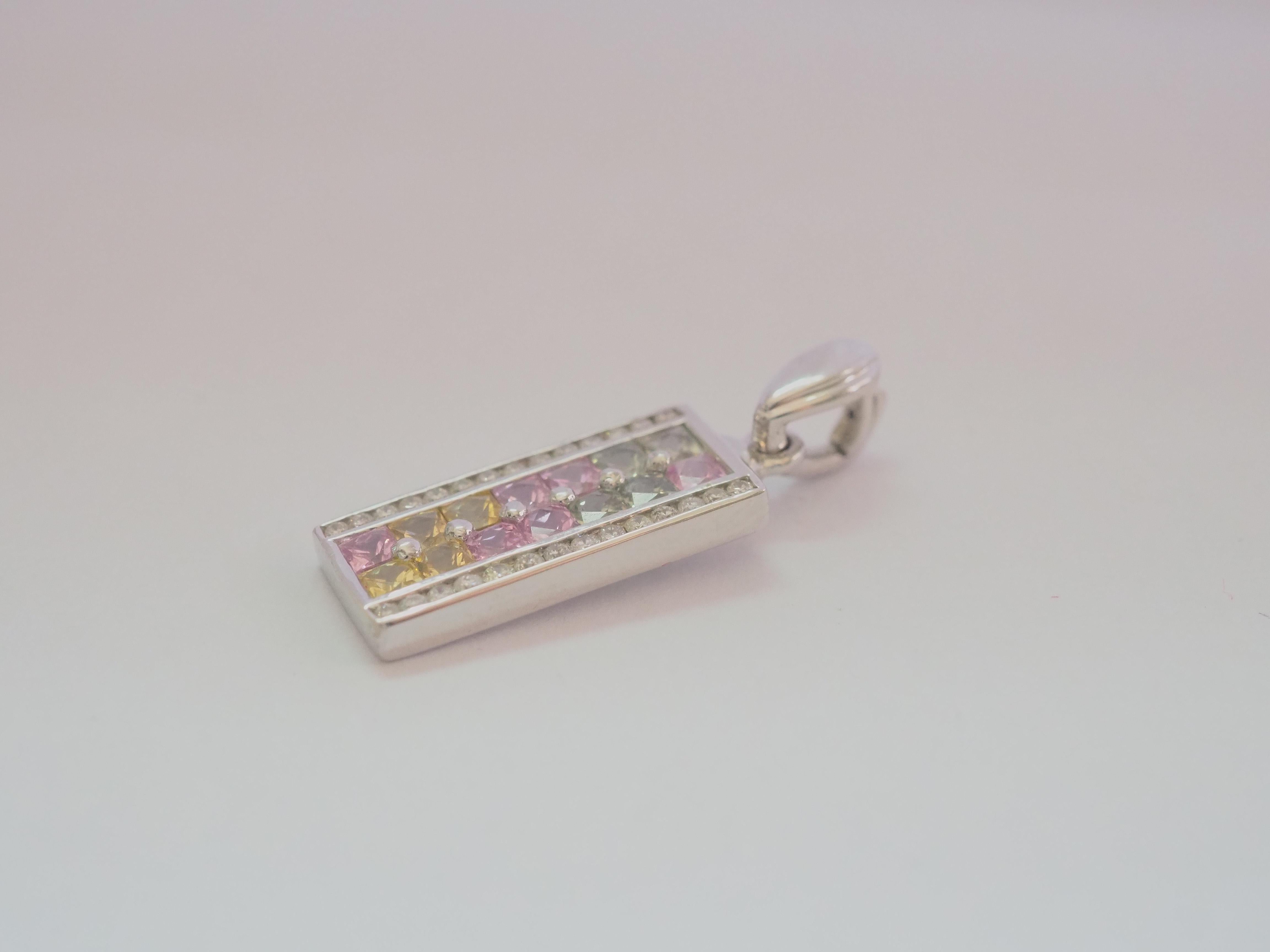 Square Cut 18K White Gold 2ct Fancy Pastel Sapphires & 0.12ct Diamond Bar Pendant