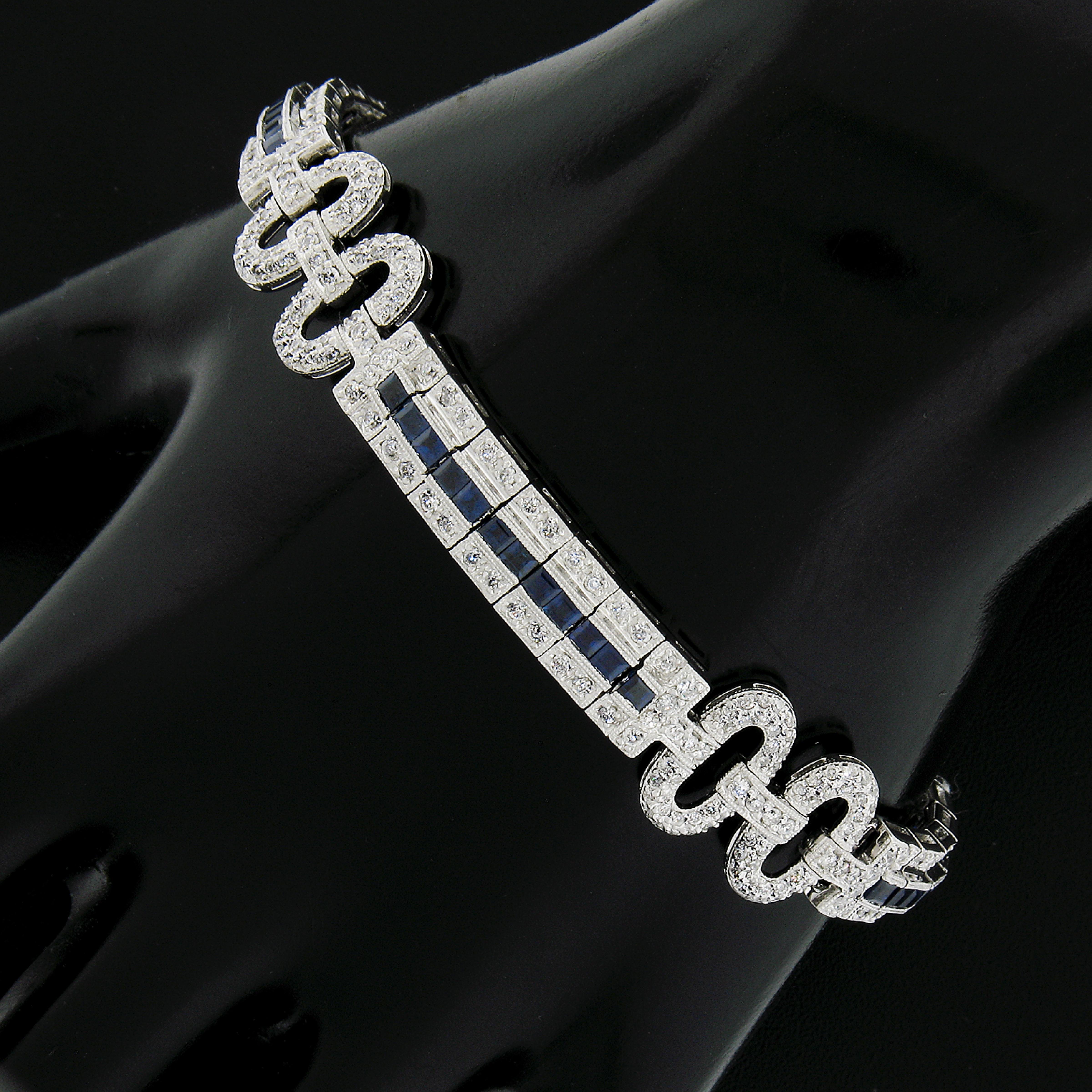 Square Cut 18k White Gold 2ctw Diamond W/ Royal Blue Sapphire Buckle Style Strap Bracelet For Sale