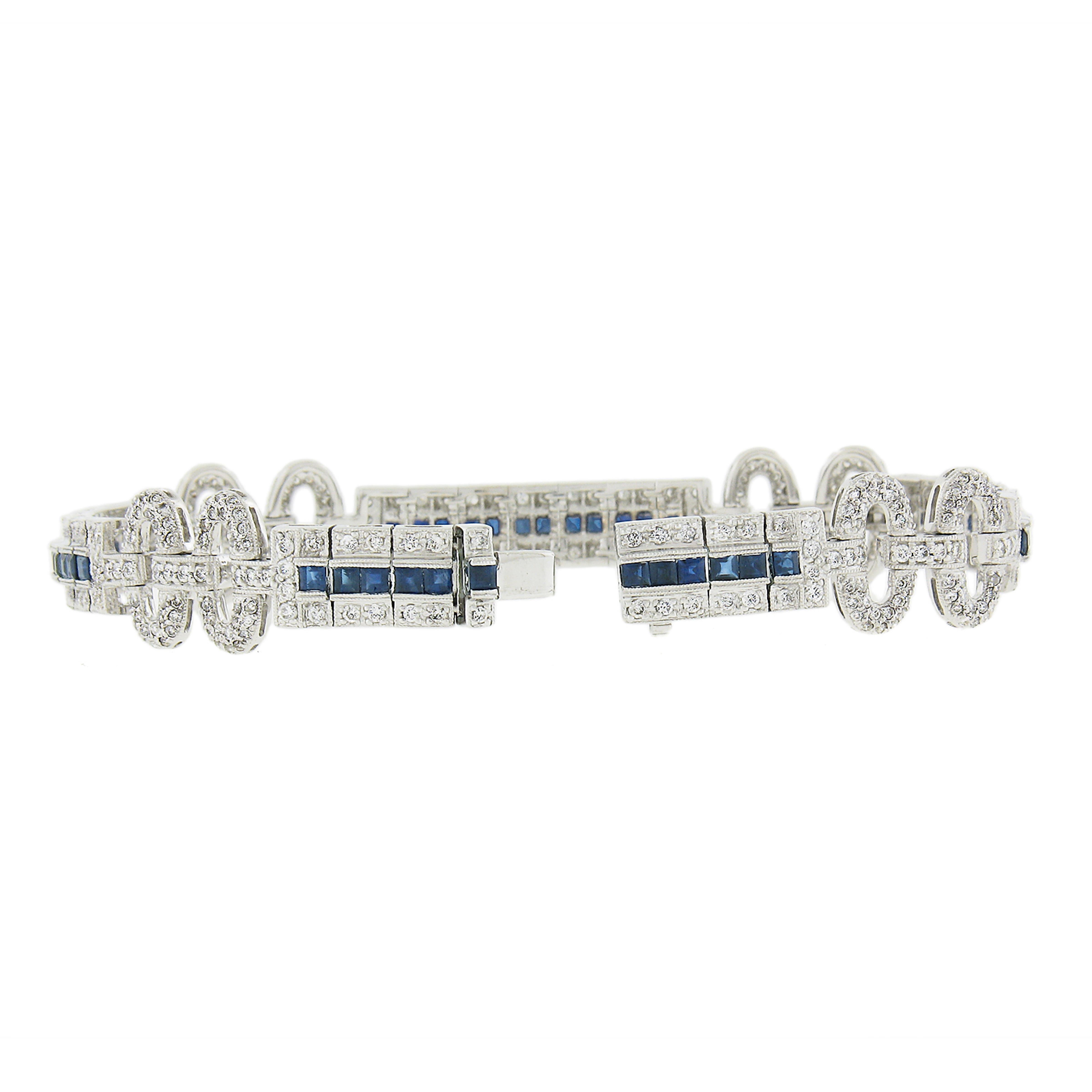 18k White Gold 2ctw Diamond W/ Royal Blue Sapphire Buckle Style Strap Bracelet In Excellent Condition For Sale In Montclair, NJ