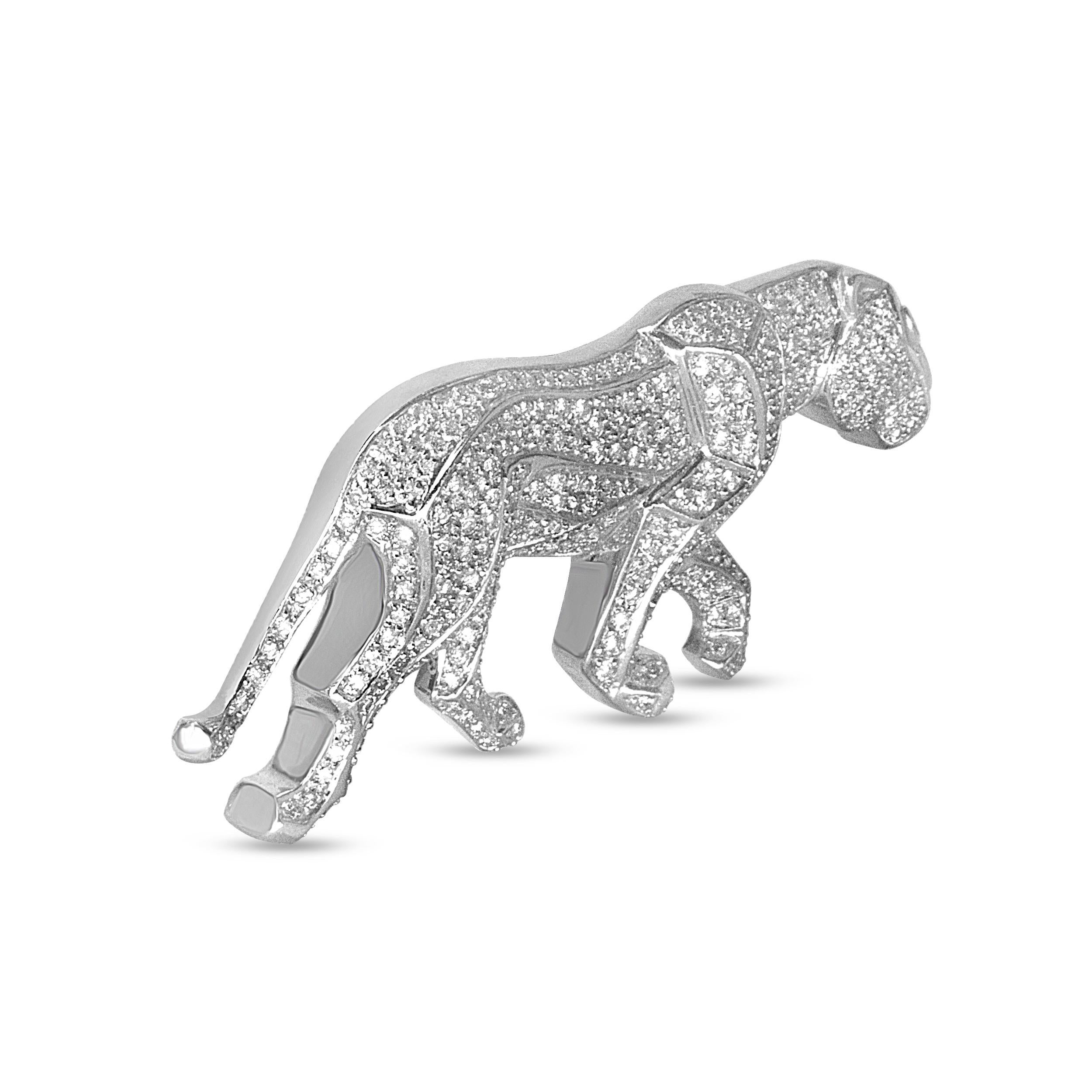 Round Cut 18K White Gold Green Round Emerald and 2 1/2 Cttw Diamond Panther Brooch Pin