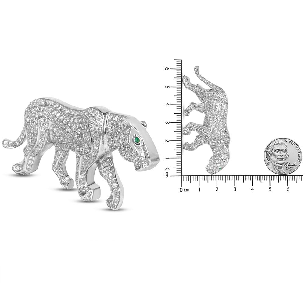 Women's or Men's 18K White Gold Green Round Emerald and 2 1/2 Cttw Diamond Panther Brooch Pin
