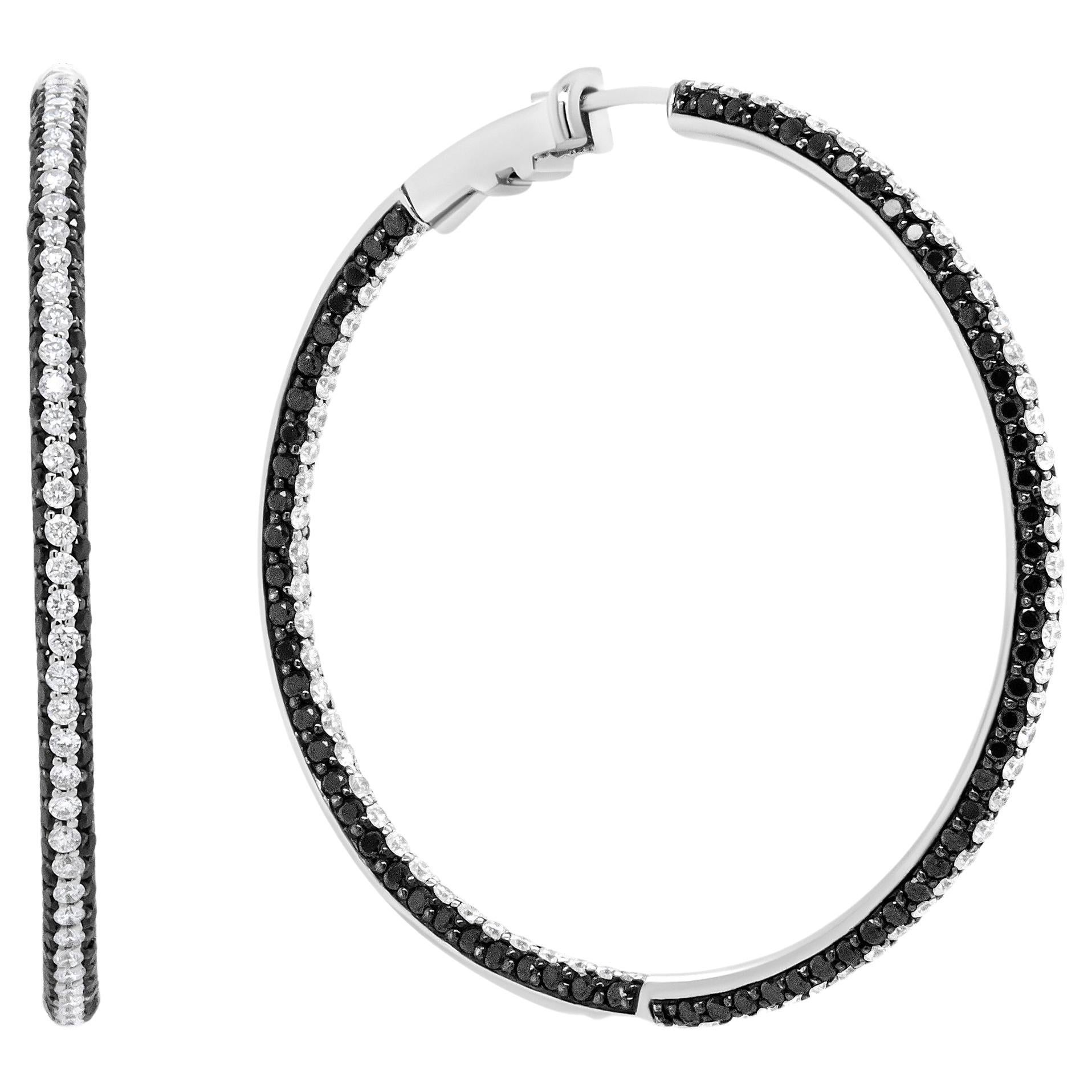 18K White Gold 3 1/4 Carat Black and White Diamond Inside-Outside Hoop Earrings